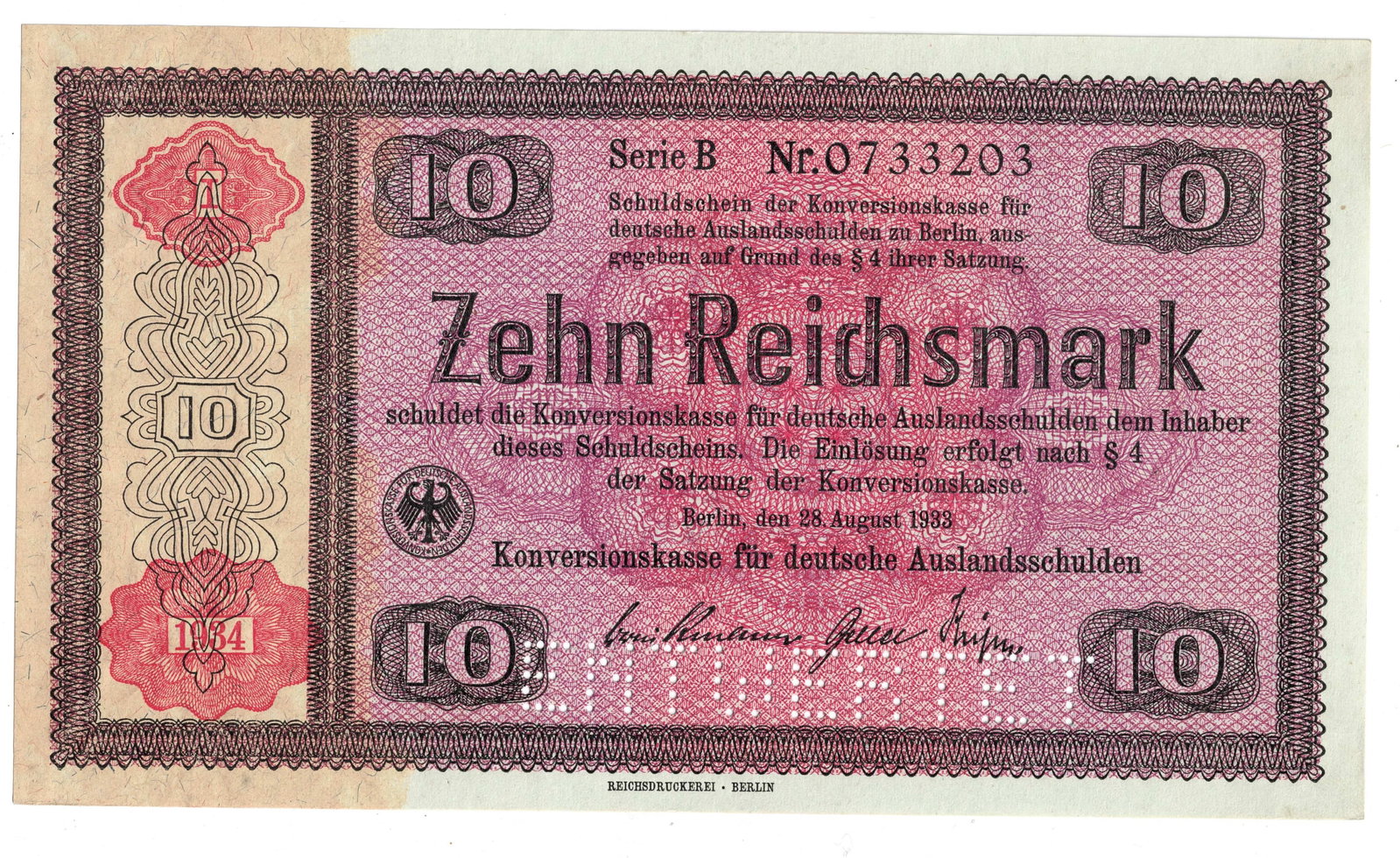 Germany 1933/34 w Overstamp 10 RM Promissory Note for Conversion of German Foreign Debts, Unc (2) - 4
