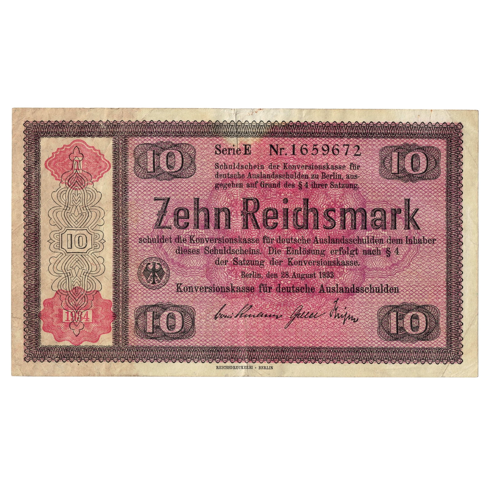 Germany 1933/34 w Overstamp 10 RM Promissory Note for Conversion of German Foreign Debts, VF details: Series E Nr. 1659672 Condition Multiple pin holes Medium Germany