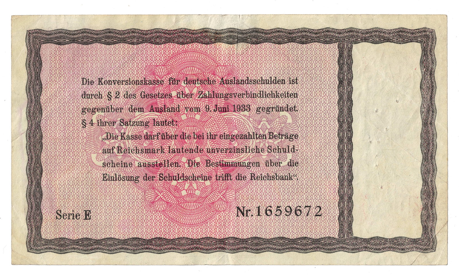 Germany 1933/34 w Overstamp 10 RM Promissory Note for Conversion of German Foreign Debts, VF details - 2