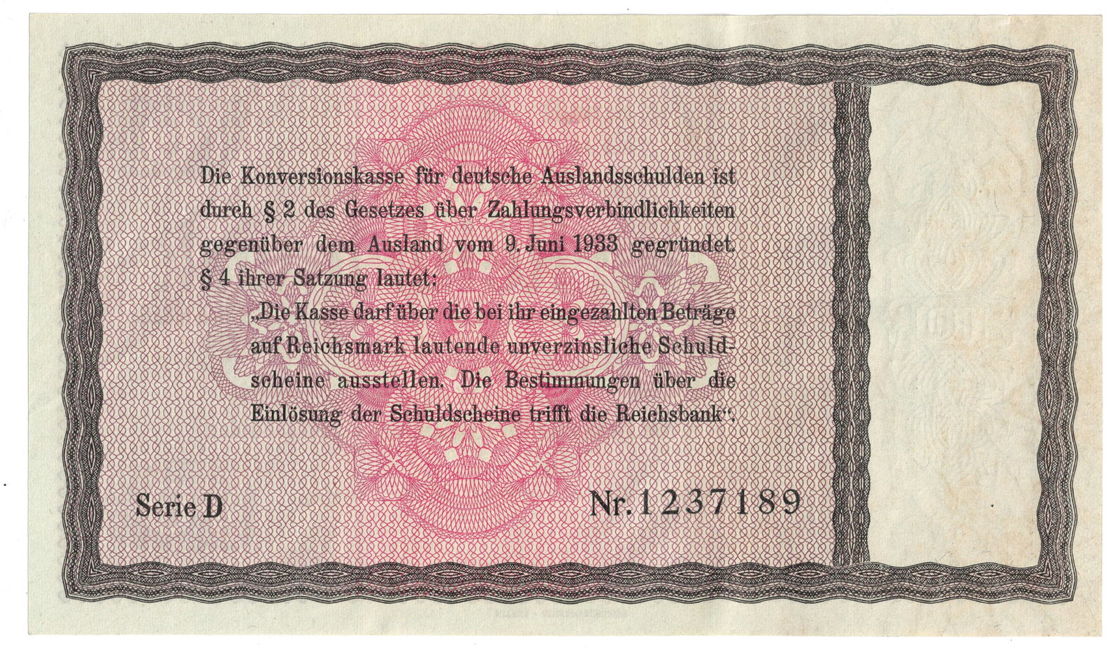 Germany 1933 10 RM Promissory Note for the Conversion of German Foreign Debts, EF - 2