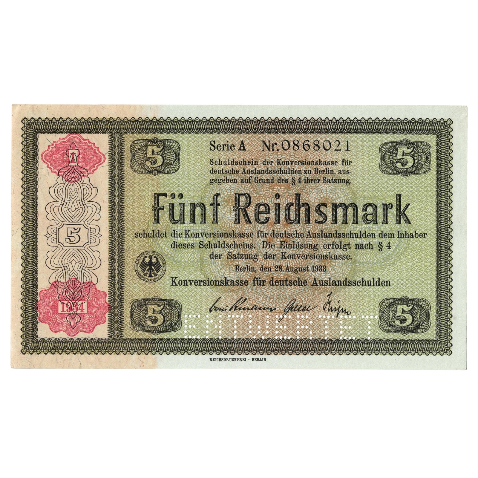 Germany 1933/34 w Overstamp 5 RM Promissory Note for the Conversion of German Foreign Debts, Unc: Series A Nr. 0868021. Perforated 'ENTWERTET ' (CANCELLED) Medium Germany