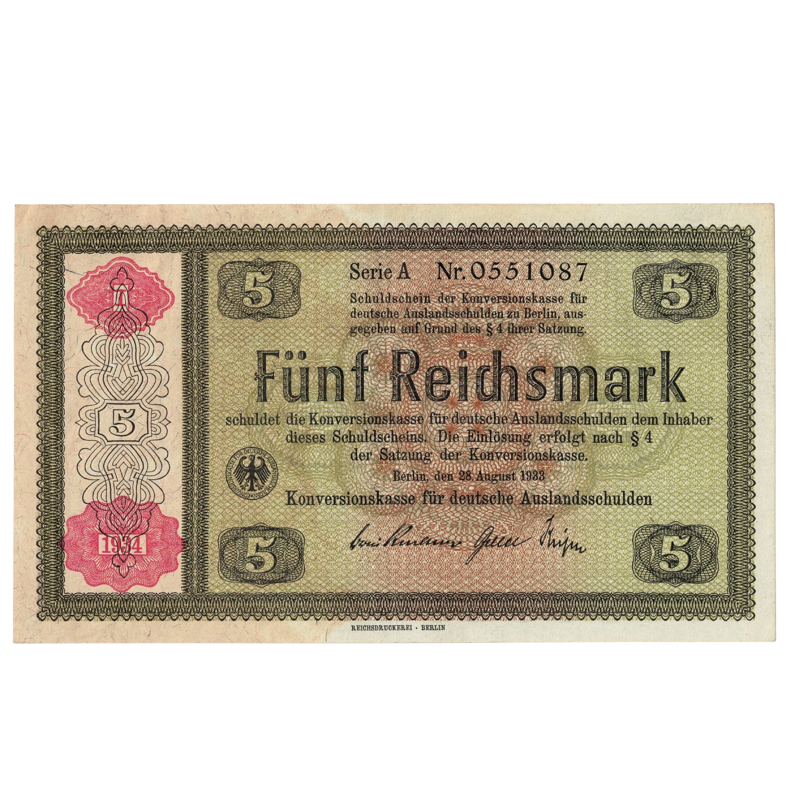 Germany 1933/34 w Overstamp 5 RM Promissory Note for the Conversion of German Foreign Debts, EF (1 of 2)