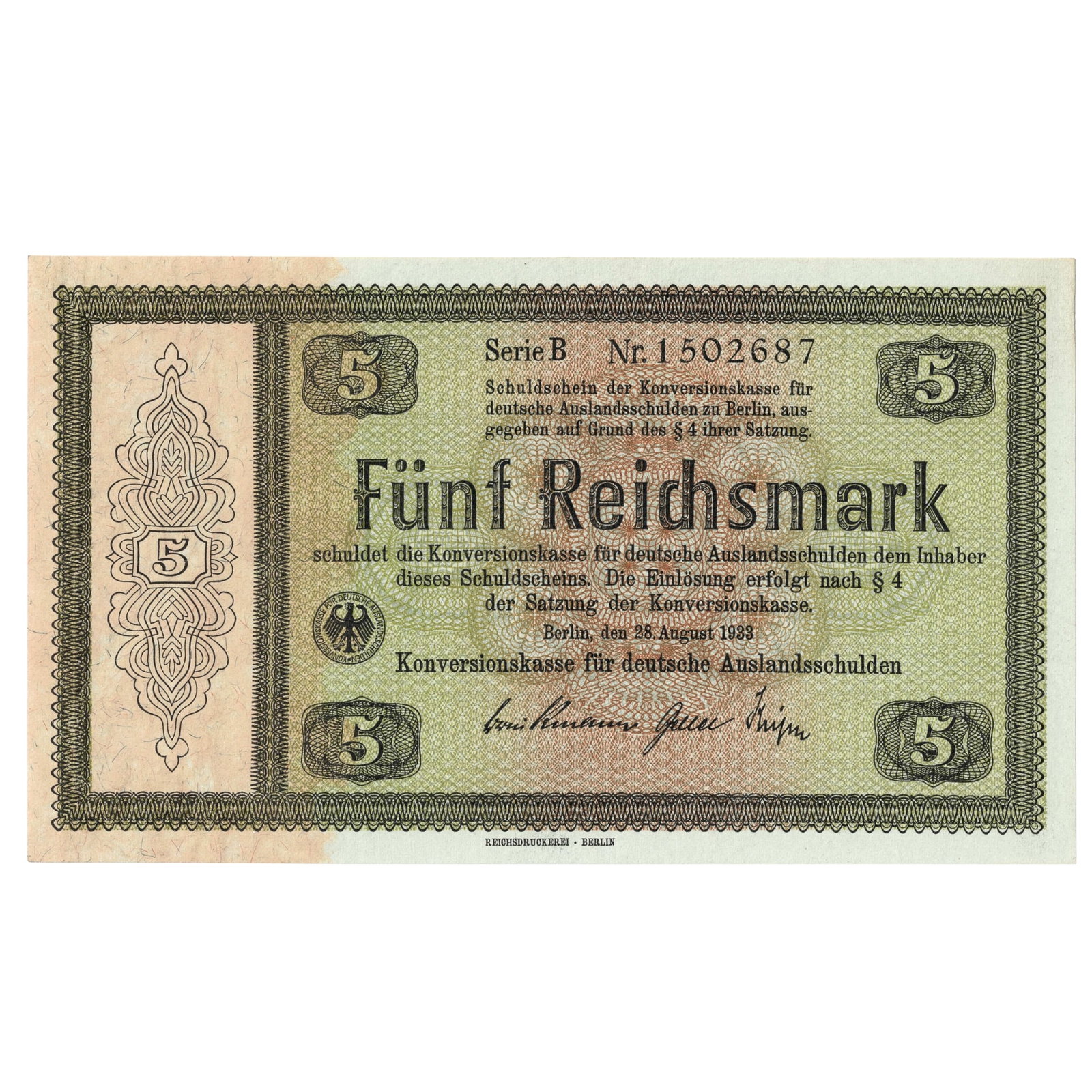 Germany 1933 5 RM Promissory Note for the Conversion of German Foreign Debts, Unc (1 of 2)