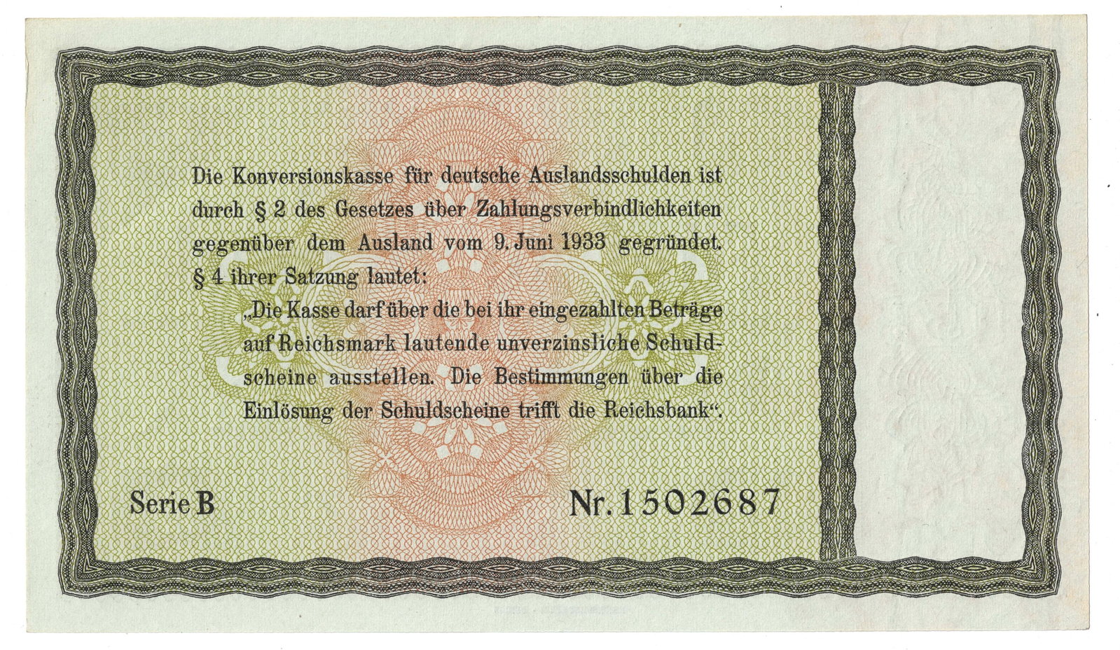 Germany 1933 5 RM Promissory Note for the Conversion of German Foreign Debts, Unc - 2