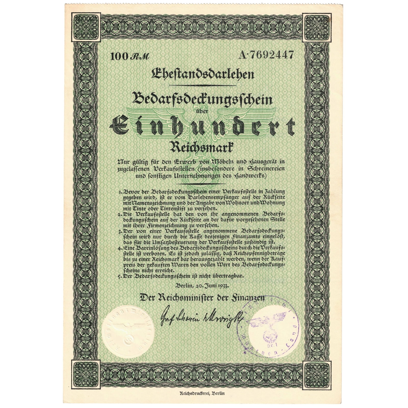 Germany 1933 'Marital Loan Certificate' for 100 Reichsmarks issued by Reich Minister of Finance, Unc: Restricted to Aryan newlyweds, these interest-free loans of up to 1,000 Reichsmarks were offered to couples as an encouragement for women to give up work and thus improve the employment prospects of