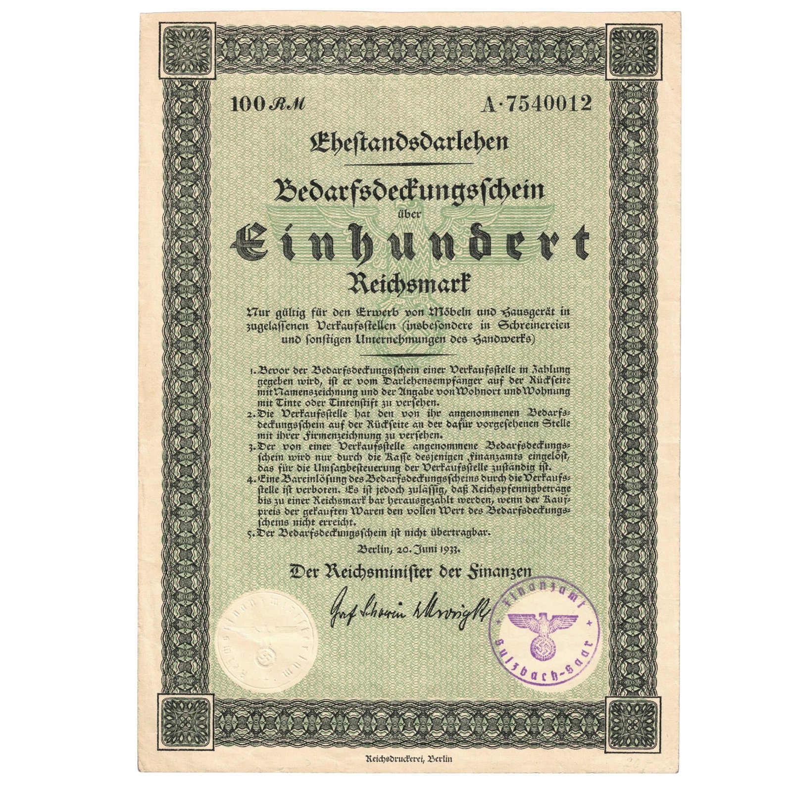 Germany 1933 'Marital Loan Certificate' for 100 Reichsmarks issued by Reich Minister of Finance, Unc (1 of 2)
