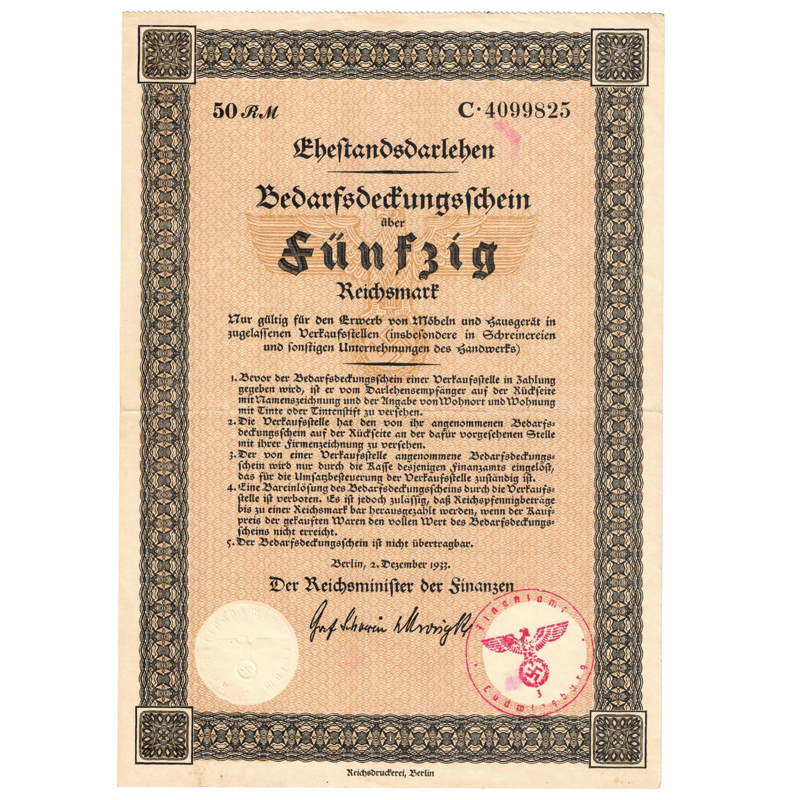 Germany 1933 'Marital Loan Certificate' for 50 Reichsmarks issued by Reich Minister of Finance, EF (1 of 2)
