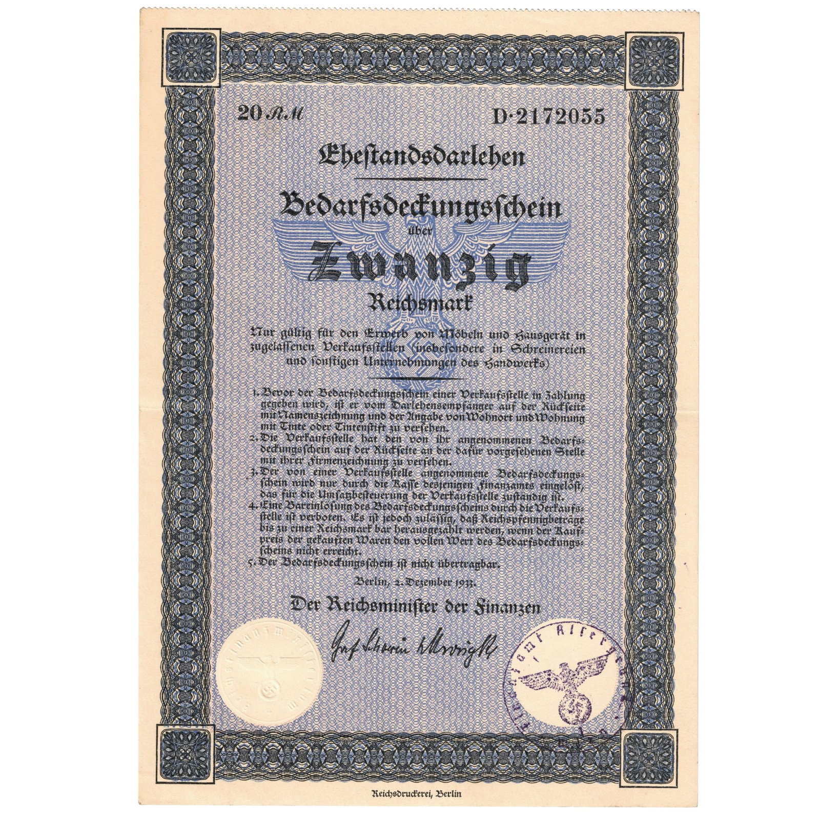 Germany 1933 'Marital Loan Certificate' for 20 Reichsmarks issued by Reich Minister of Finance, EF (1 of 2)