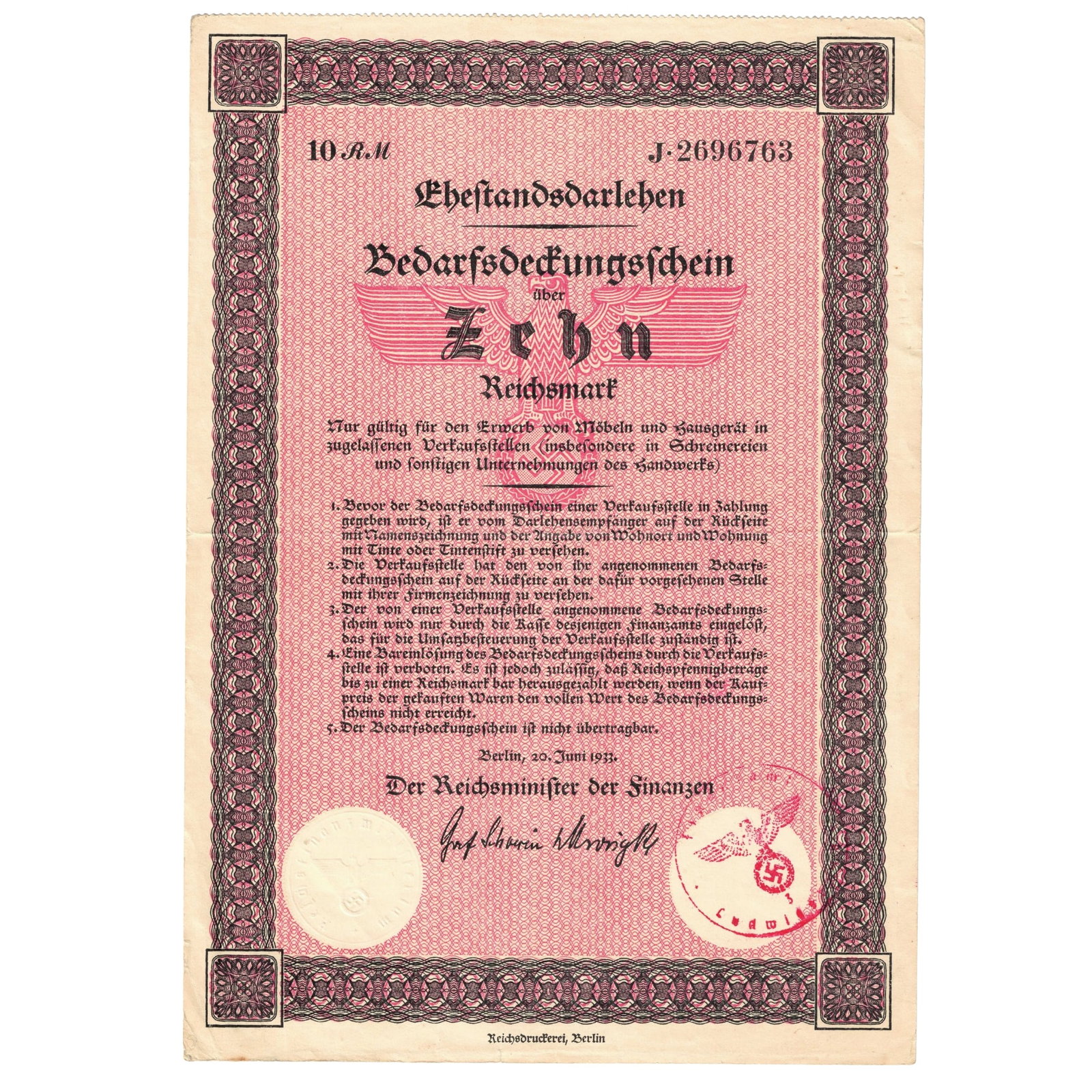 Germany 1933 'Marital Loan Certificate' for 10 Reichsmarks issued by Reich Minister of Finance, EF (1 of 2)