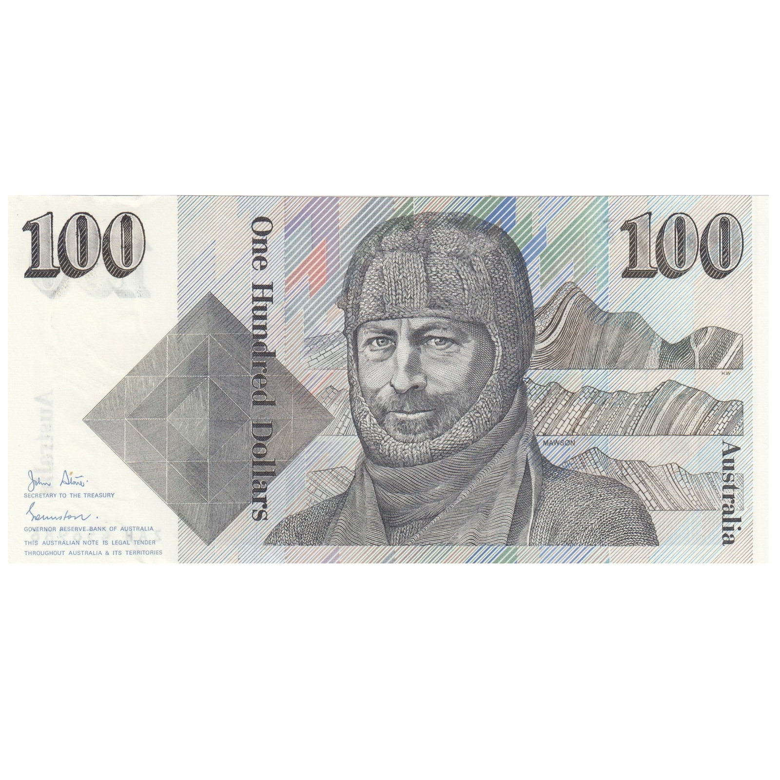 Australia 'Johnston - Stone' $100 (1984), Uncirculated OPQ: Renniks# 608 : Serial# ZAH 456986. Condition O(riginal) P(aper) Q(uality) Medium Hundred Dollar