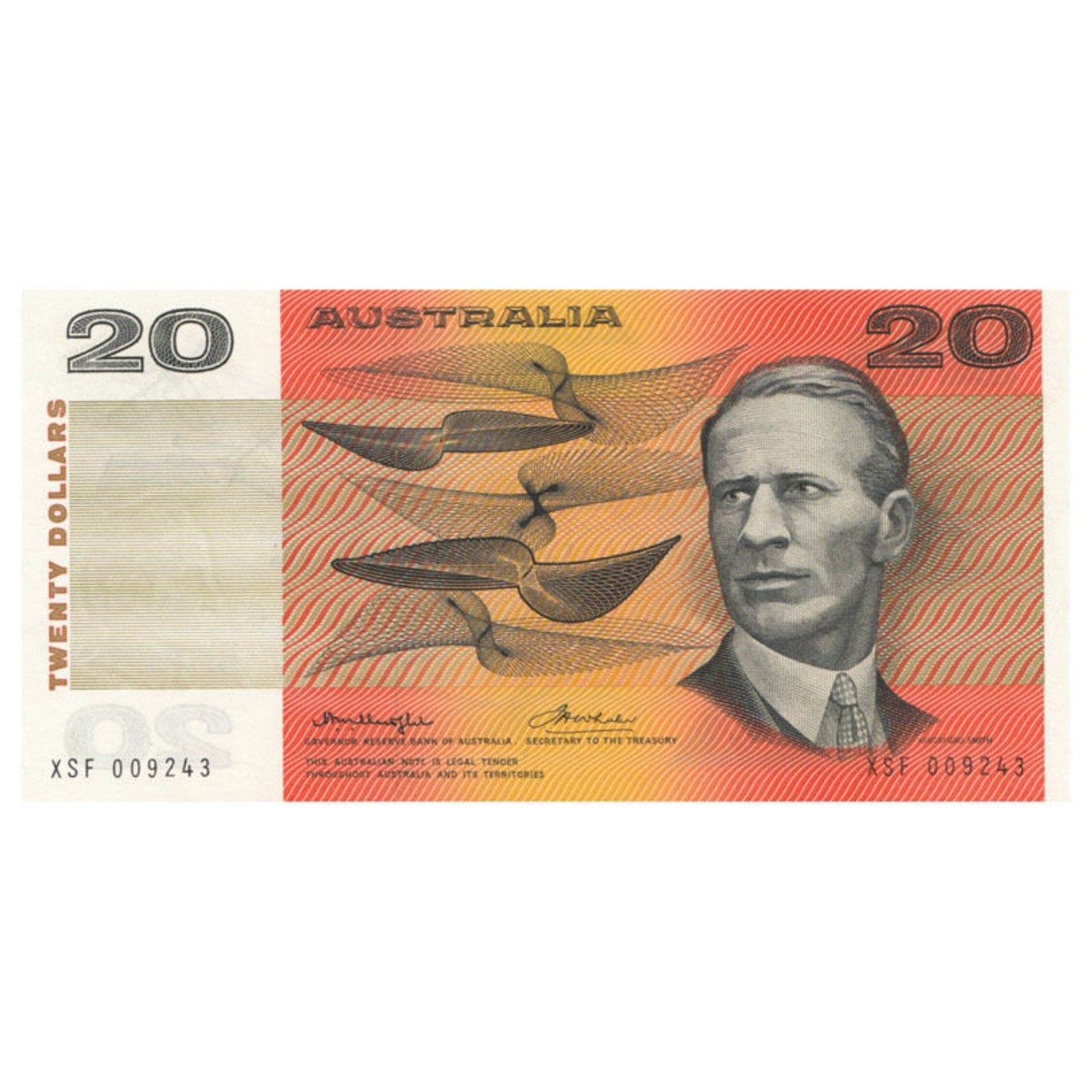 Australia 'Knight - Wheeler' Side $20 (1977), Uncirculated OPQ: Renniks# 406b : Serial# XSF 009243 Condition O(riginal) P(aper) Q(uality) Medium Twenty Dollar