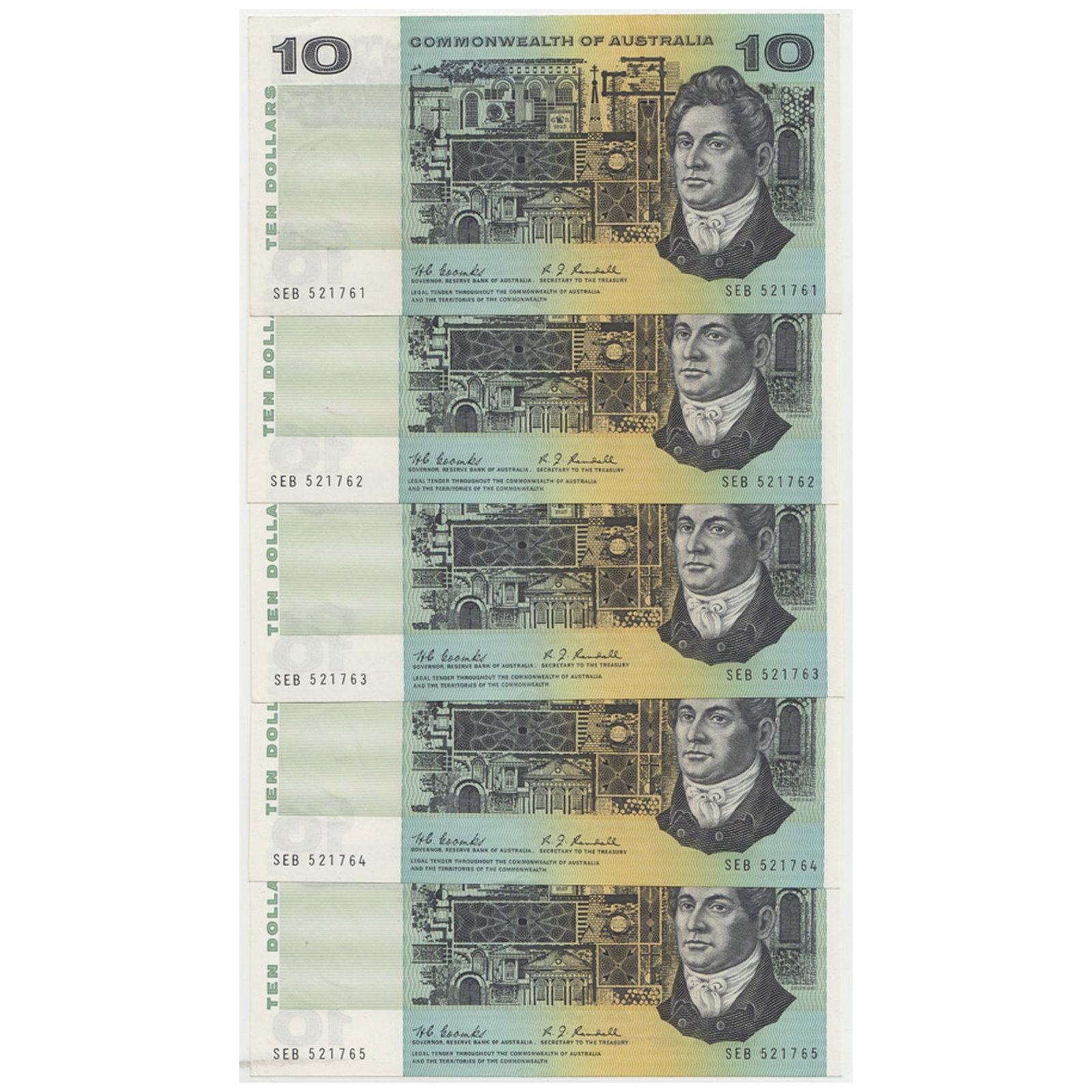 Australia 'Coombs - Randall' $10 (1967), virtually Uncirculated (Consecutive Run of 5): Renniks# 302 : Serial# SEB 521761-5 Condition O(riginal) P(aper) Q(uality). Light Banker's bend Medium Ten Dollar