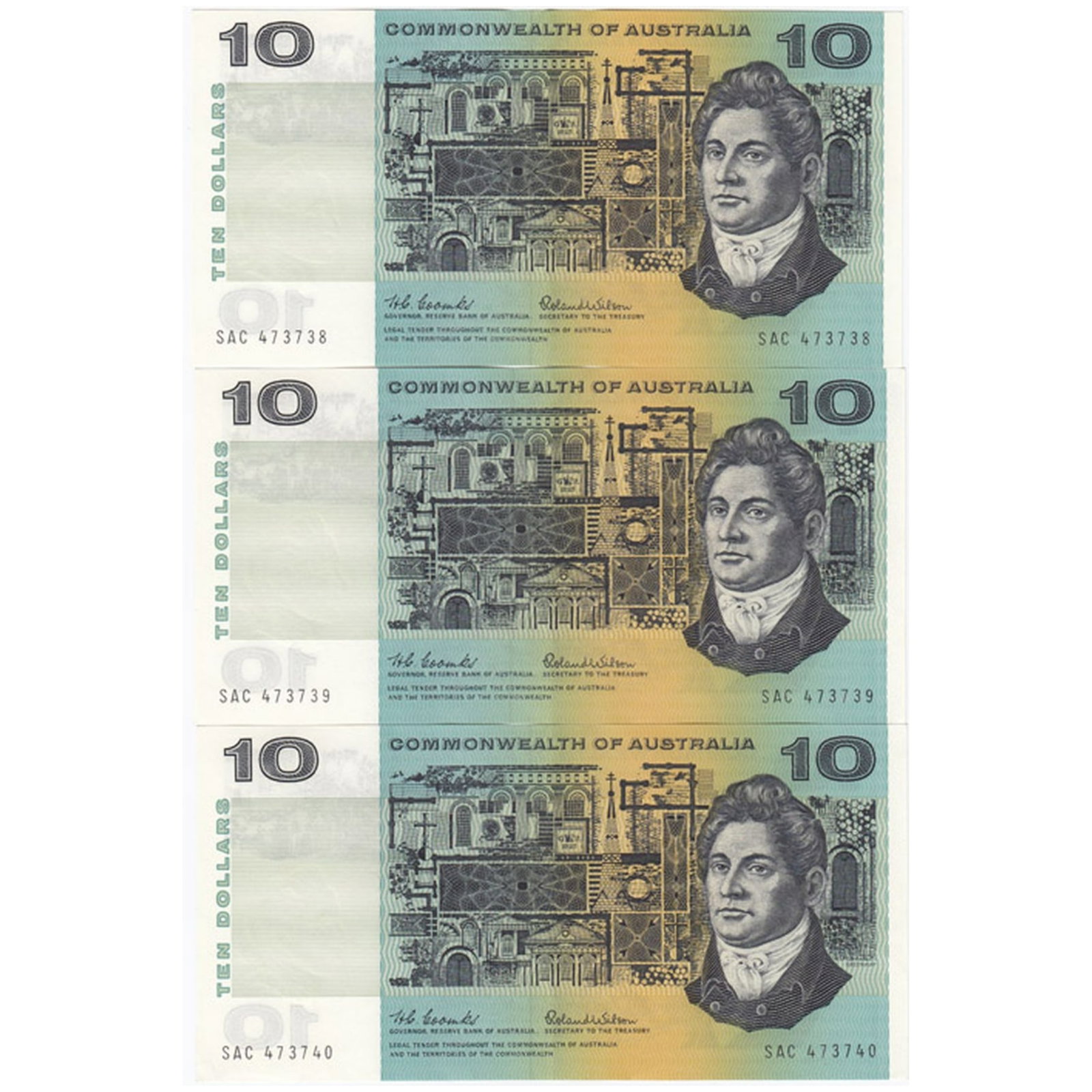 Australia 'Coombs - Wilson' $10 (1966), Crisp virtually Uncirculated OPQ (Consecutive Trio): Renniks# 301. SAC 473738-40 Condition O(riginal) P(aper) Q(uality).Pay packet bend Medium Ten Dollar