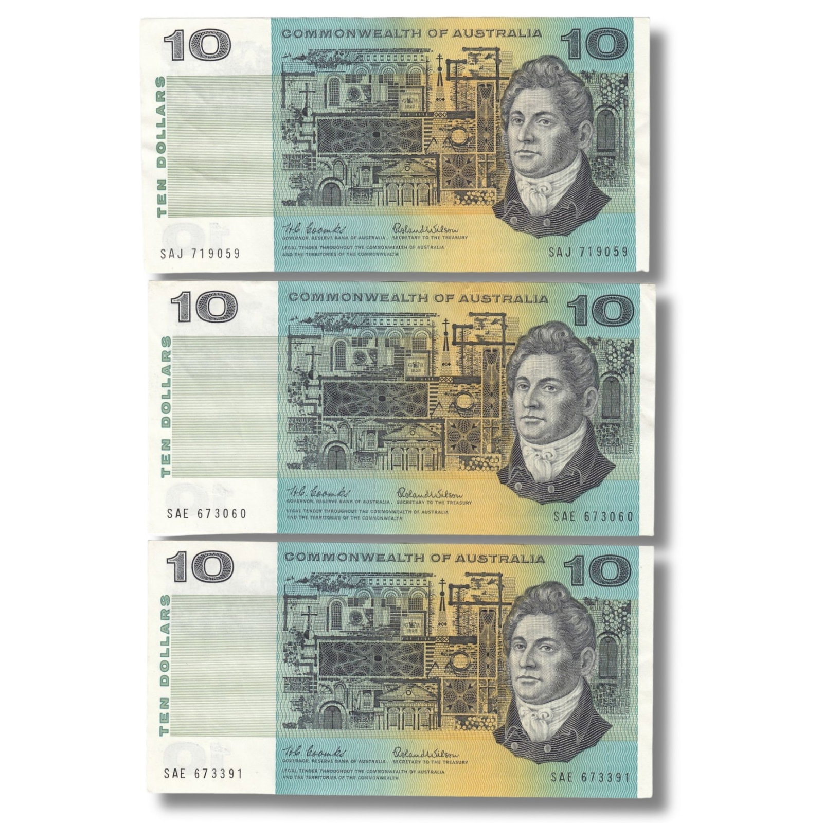 Australia 'Coombs - Wilson' $10's, good Extremely Fine OPQ (3 notes) (1 of 2)