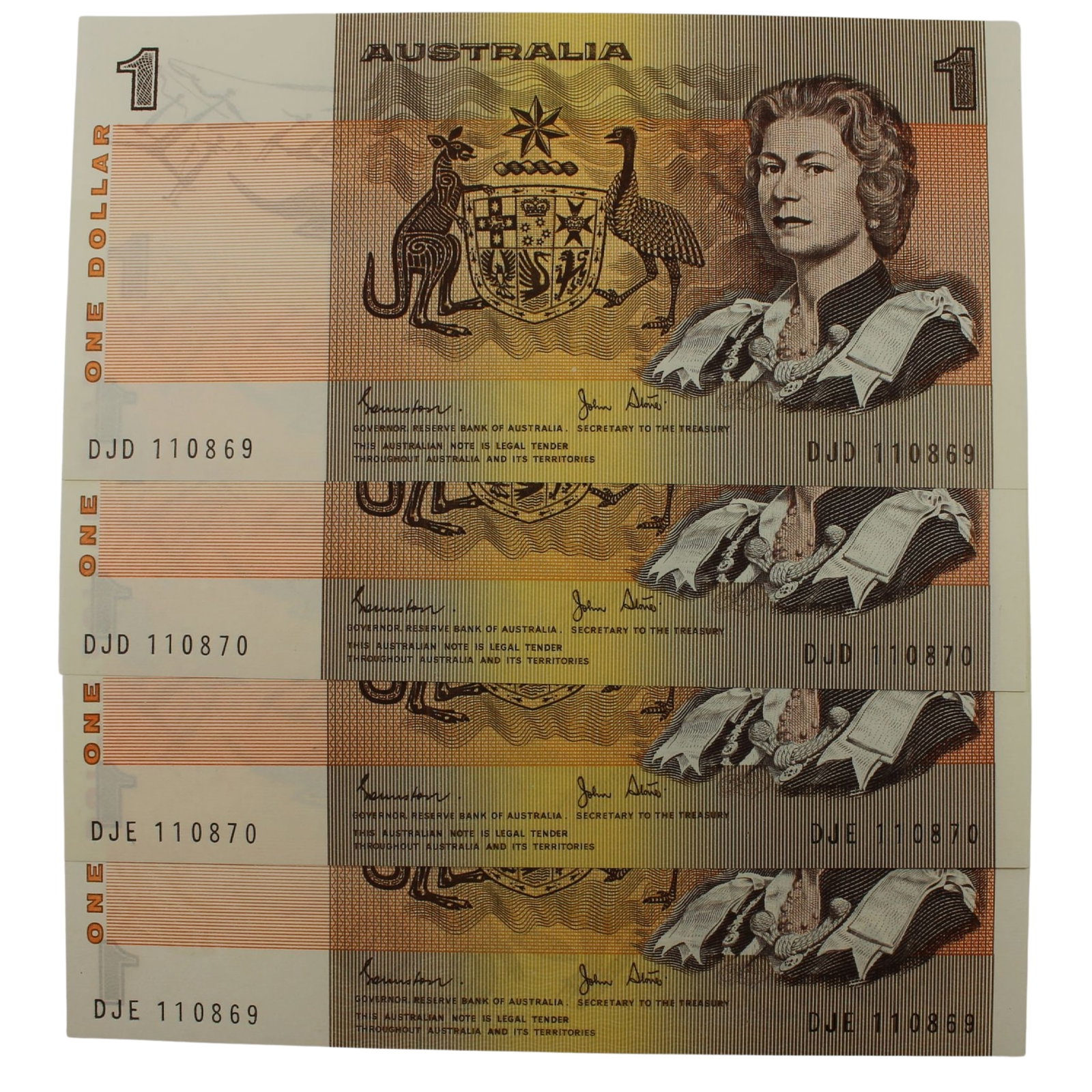 Australia 'Johnston - Stone' Consecutive Prefixes & Number $1's (1982), Uncirculated OPQ (4 notes): Renniks# 78 : Serial# DJD 110869-70 & DJE 110869-70 Medium One Dollar