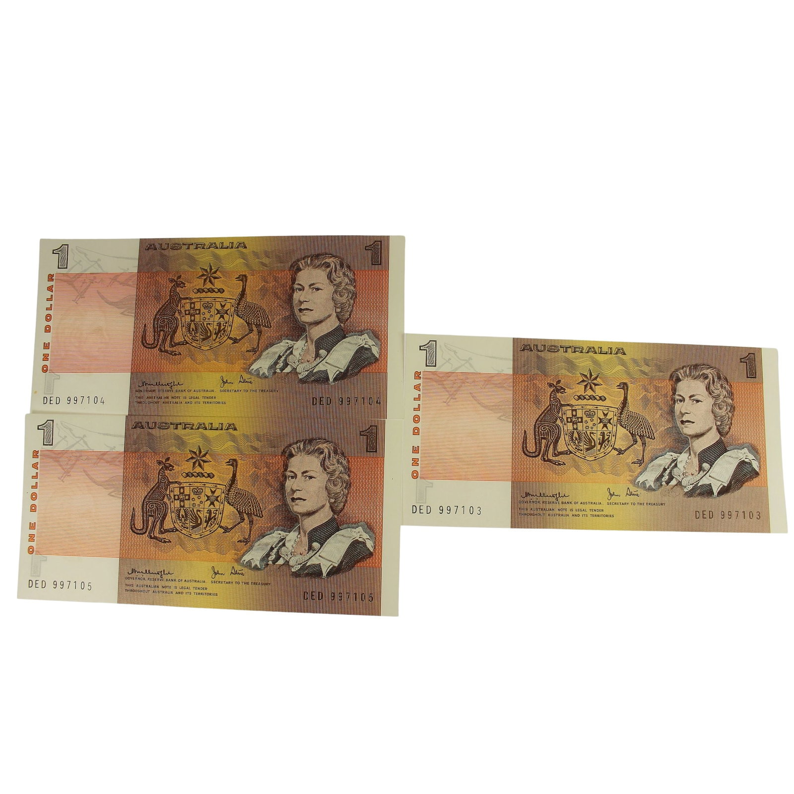 Australia 'Knight - Stone' $1 (1979), Uncirculated OPQ (Consecutive Trio): Renniks# 77 : Serial# DED 997103-5 Medium One Dollar