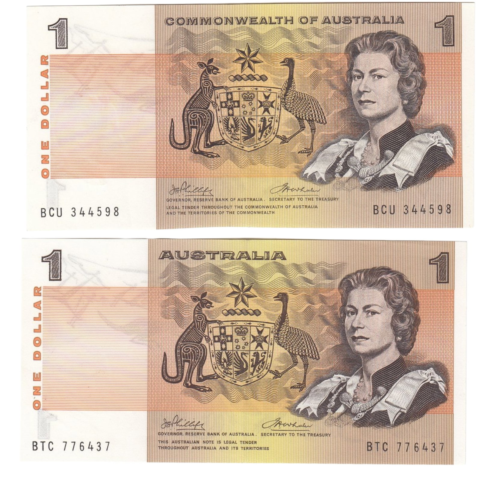 Australia 'Phillips - Wheeler' $1 (1974), about Uncirculated OPQ (2 items): Renniks# 75 : Serial# BCU 344598 & BTC 776437 Condition O(riginal) P(aper) Q(uality), Heavy centre bend Medium One Dollar