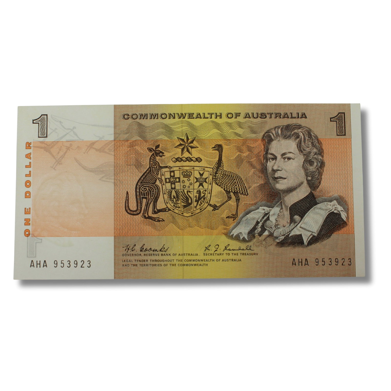 Australia 'Coombs- Randall' $1 (1968) about Uncirculated OPQ: Renniks# 72 : Serial# AHA 953923 Condition O(riginal) P(aper) Q(uality) Medium One Dollar