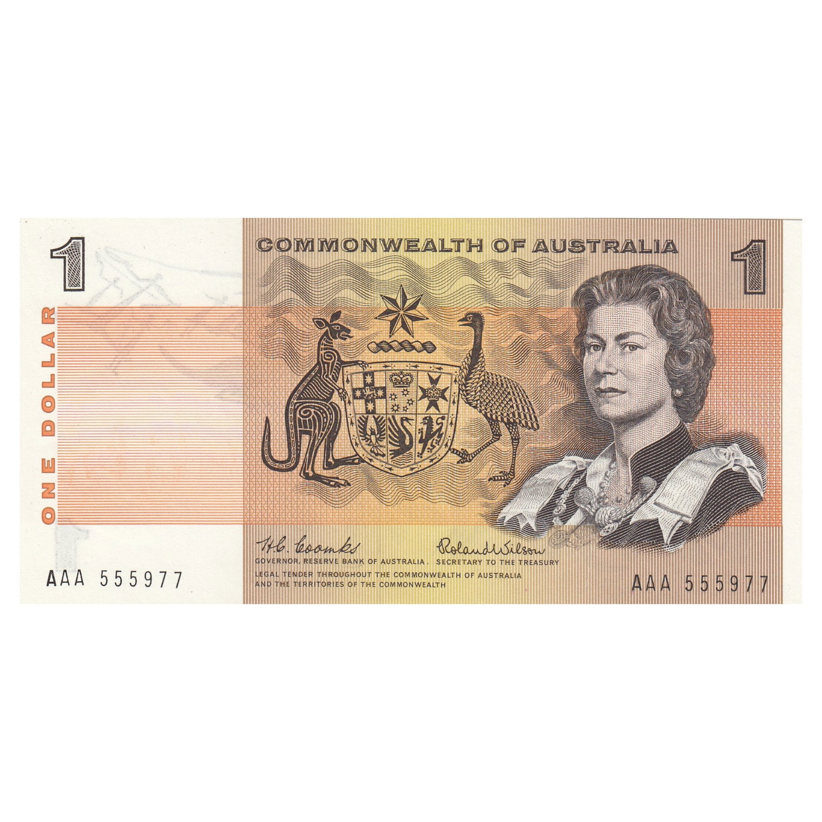 Australia 'Coombs - Wilson' AAA - First Prefix $1 (1966), Uncirculated OPQ: Renniks# 71 : Serial# AAA 555977. Consecutive to following note Condition O(riginal) P(aper) Q(uality) Medium One Dollar