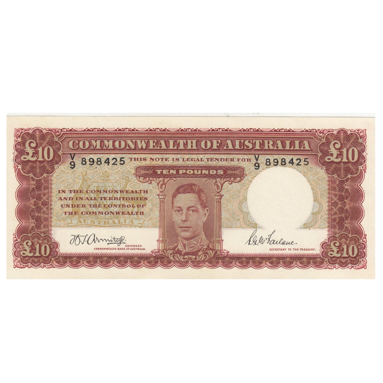 Australia 'Armitage - McFarlane' £10 (1942), Uncirculated OPQ: Renniks# 59 : Serial# V/9 898425. Condition O(riginal) P(aper) Q(uality) Medium Ten Pound