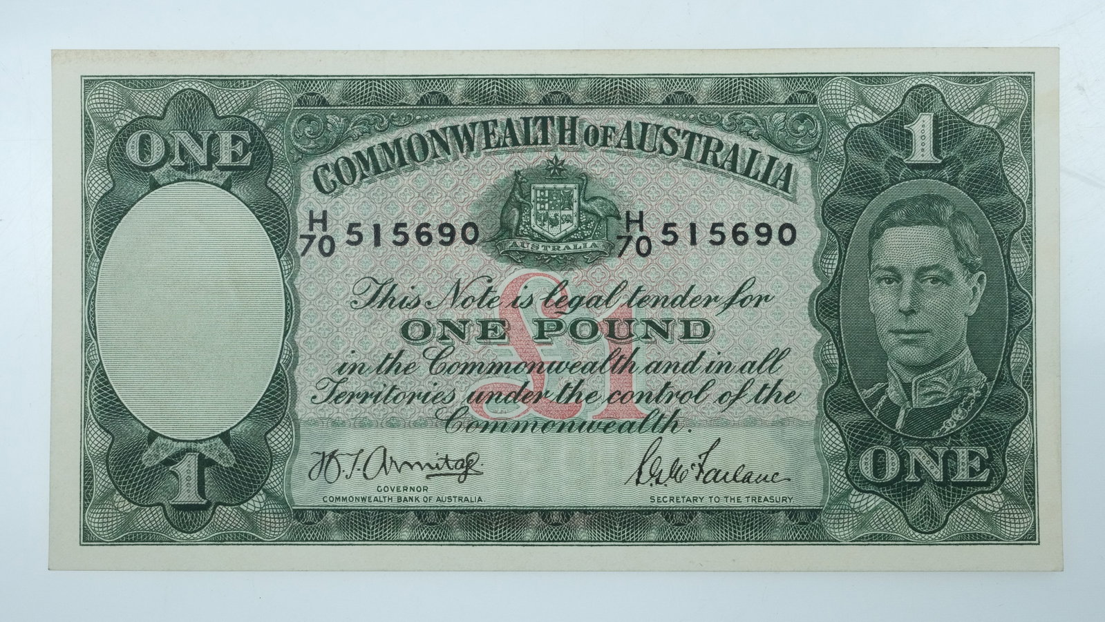 Australia 'Armitage - McFarlane' Dark Green £1 (1942), Uncirculated OPQ: Renniks# 30a : H/70 515690 Condition O(riginal) P(aper) Q(uality) Medium Pound