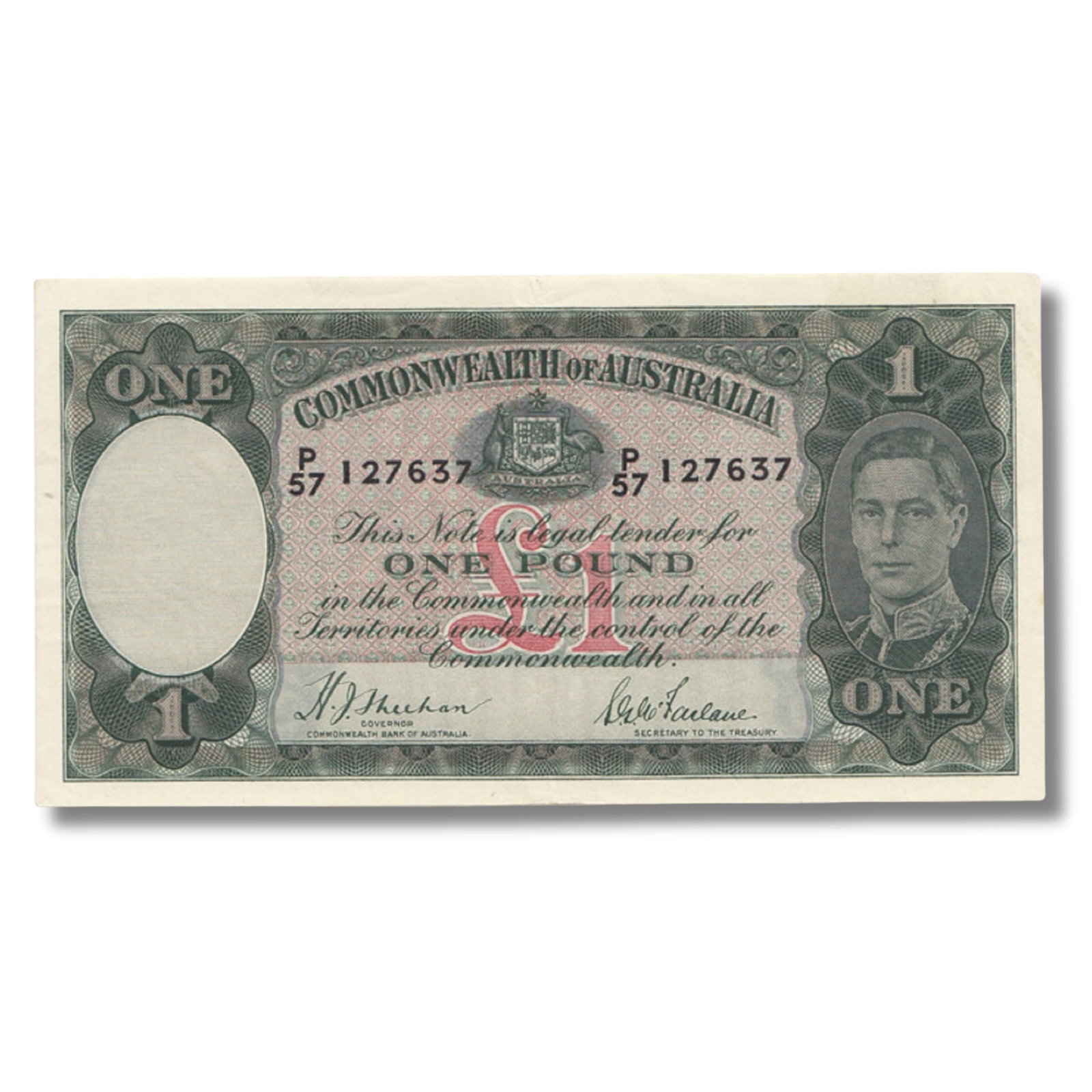 Australia 'Sheehan - McFarlane' £1 (1939), good Extremely Fine: Renniks# 29 : Serial# P57 127637 Medium Pound