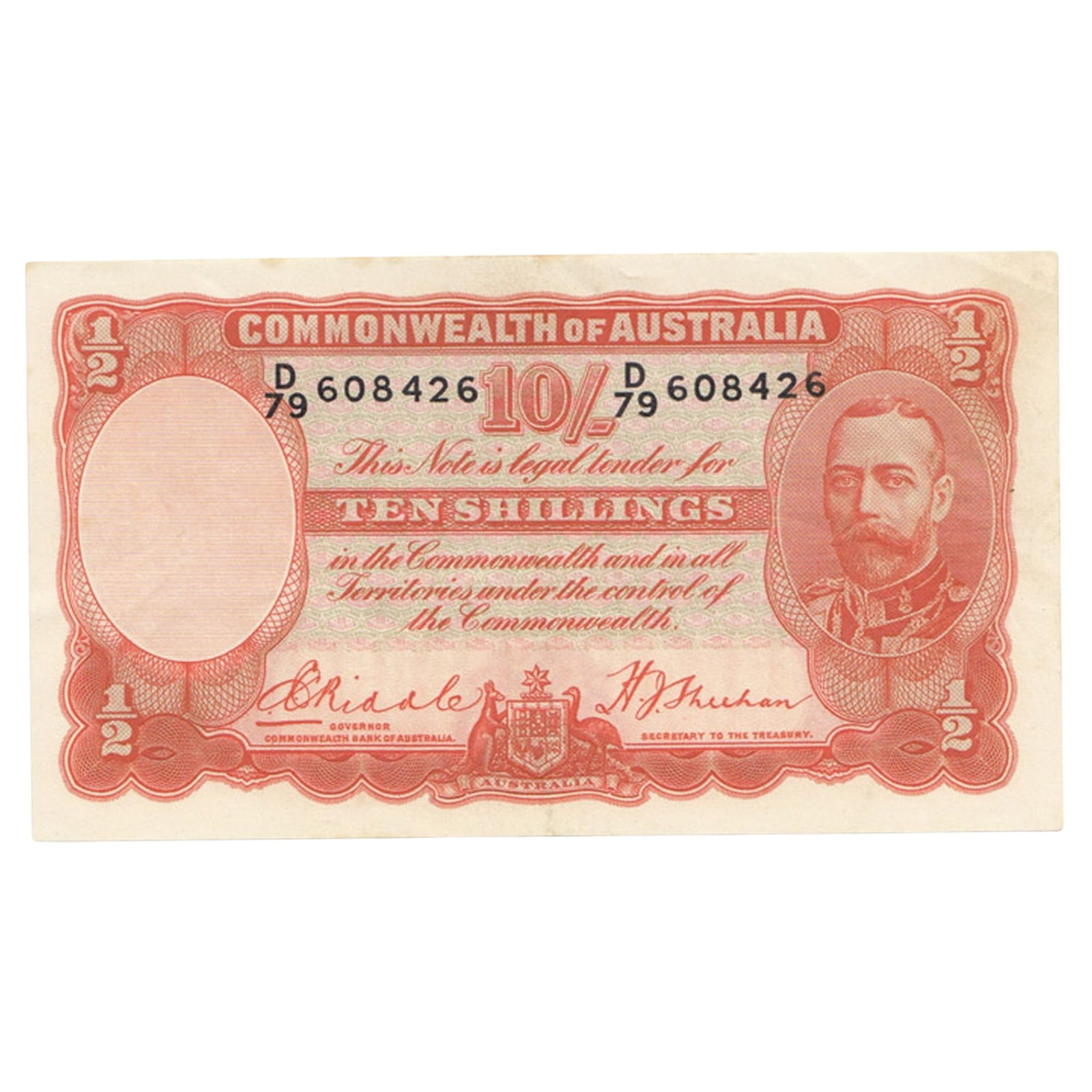 Australia 'Riddle - Sheehan' 10/- (1936), about Uncirculated OPQ: Renniks# 11 : Serial# D/79 608426 Condition O(riginal) P(aper) Q(uality), Minor handling Medium Ten Shilling Literature Prince of Wales later Edward VIII in watermark