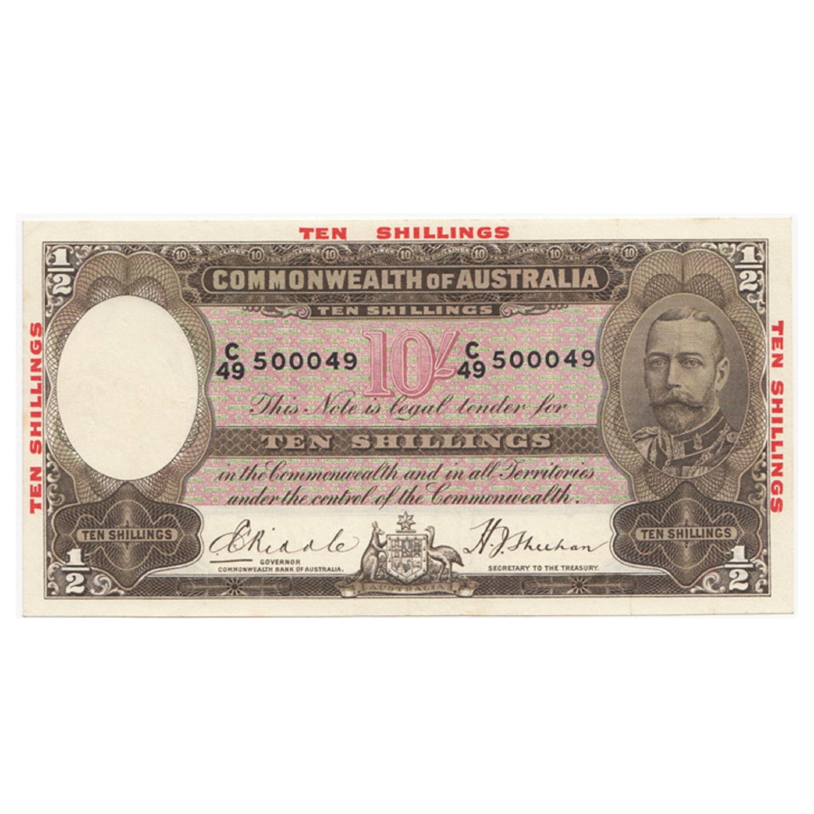 Australia 'Riddle - Sheehan' 10/- (1934), good Extremely Fine details (presents better): Renniks# 10 : Serial# C/49 500049 'Prince of Wales later King Edward VIII' in watermark Condition Lightly flattened Medium Ten Shilling