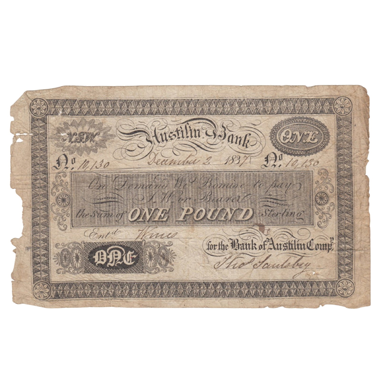 Australia 'Austilin Bank' £1 dated December 2 1837, Fine: The only surviving example of this spurious issue passed by Thomas Saulsbury Wright also known as 'Tommy the Banker' or the 'Rogue Banker' Condition A fully intact note Medium Pound Literature