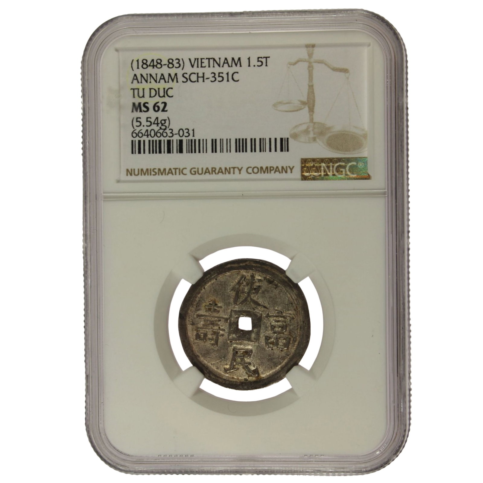 Vietnam (Annam) 1 1/2 Tien, ND (1848-83) Tu Duc, NGC MS62: SCH# 315C & KM# 421 Rare this grade Medium Vietnam Provenance PCGS MS63 sold Stacks Bowers Auction, Apr 2023 USD $4,320