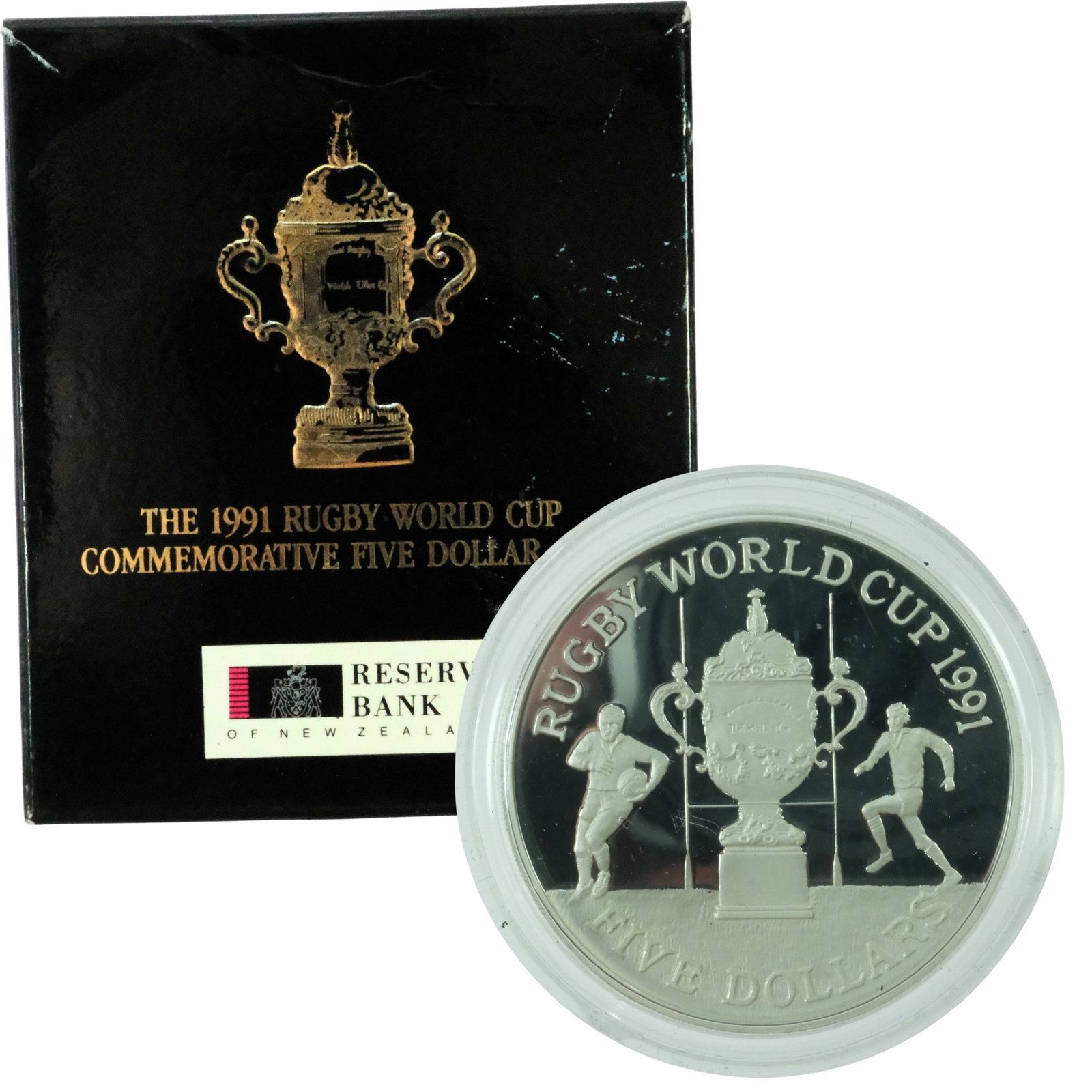 New Zealand 1991 'Rugby World Cup' Silver (925) Proof $5, FDC: Damaged Packaging Size ASW 0.8095 Troy oz Medium New Zealand