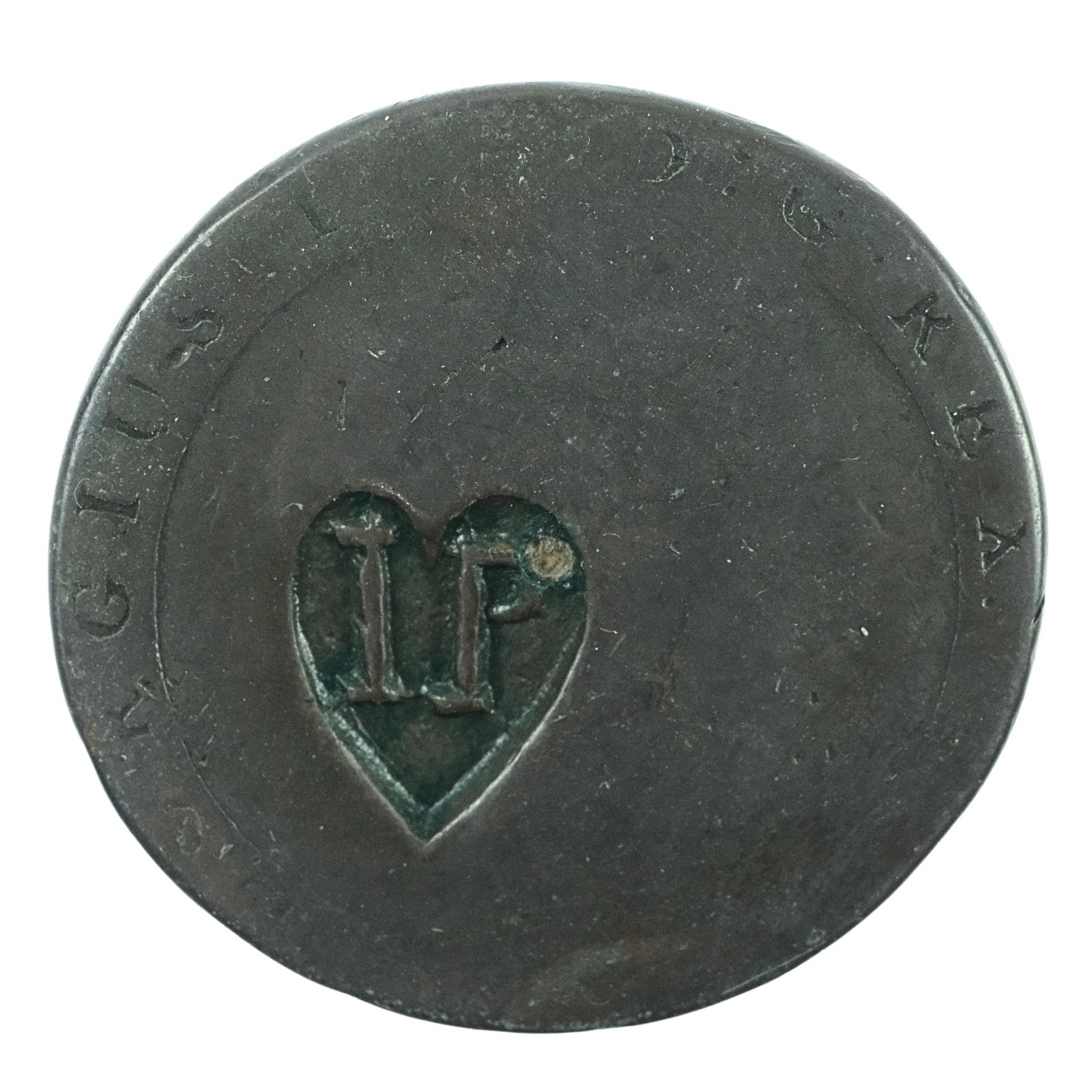 Great Britain 1797 'Cartwheel' Penny with Trader's Counterstamp 'IP', Good (1 of 2)