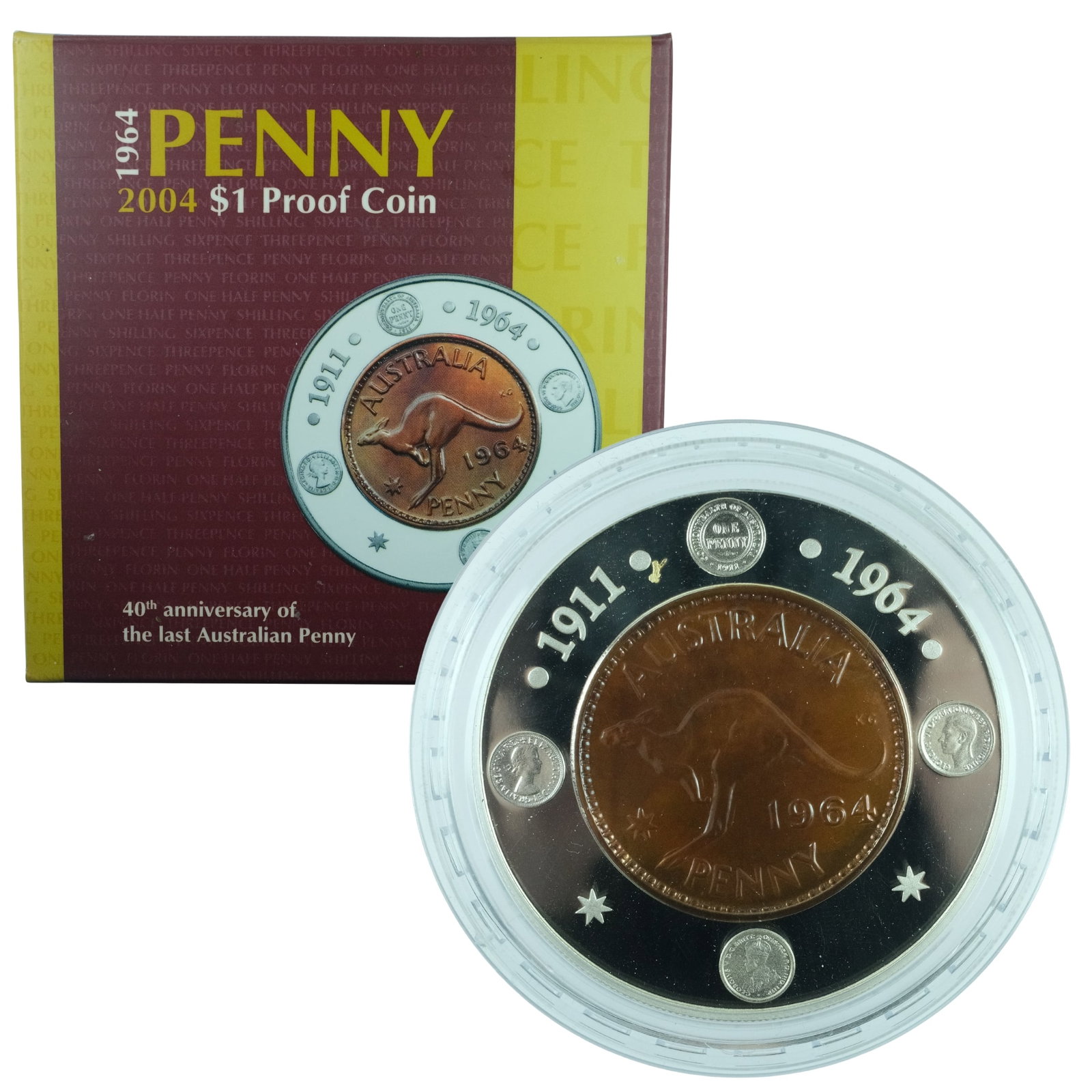 Australia 2004 'Last Penny 40th Anniv' Coloured Silver Proof $1, FDC: Cert #543 Size ASW 1.25 Troy oz Medium Modern Coins