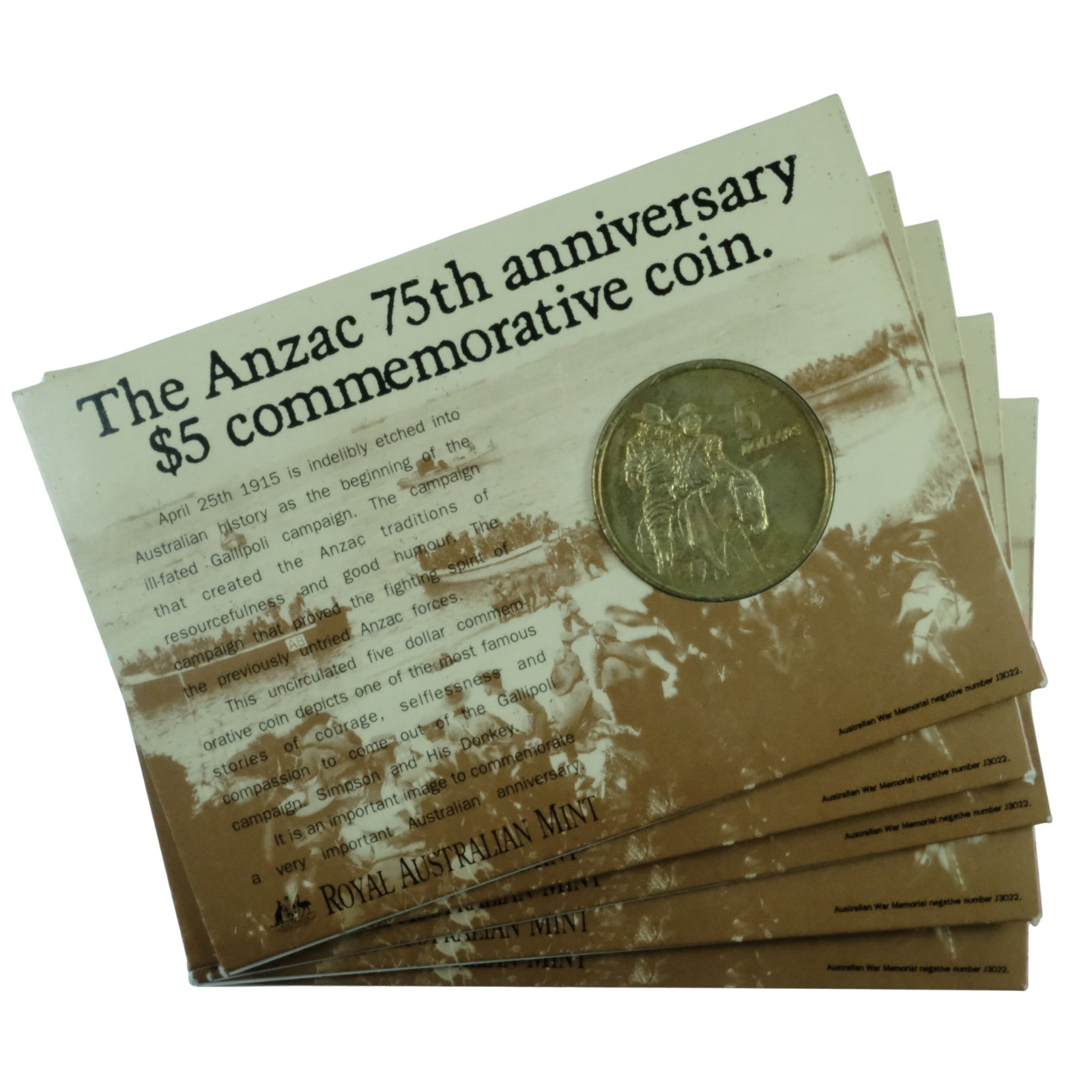Australia 1990 'Anzac' Commemorative Al-Br $5's, Uncirculated (5): Carded Medium Modern Coins
