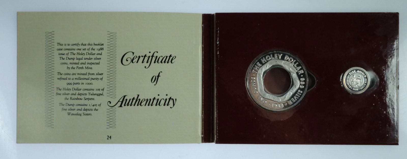 Australia 1988 'Holey Dollar and Dump' Proof Silver (999) $1 & 25c ,FDC - 3