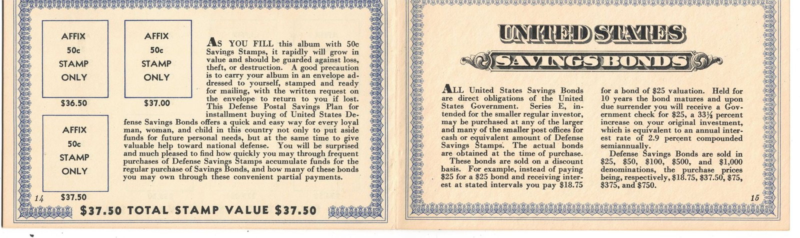 U.S. WWII Defense Savings Bond 50c Stamp Album, As New with no stamps - 2