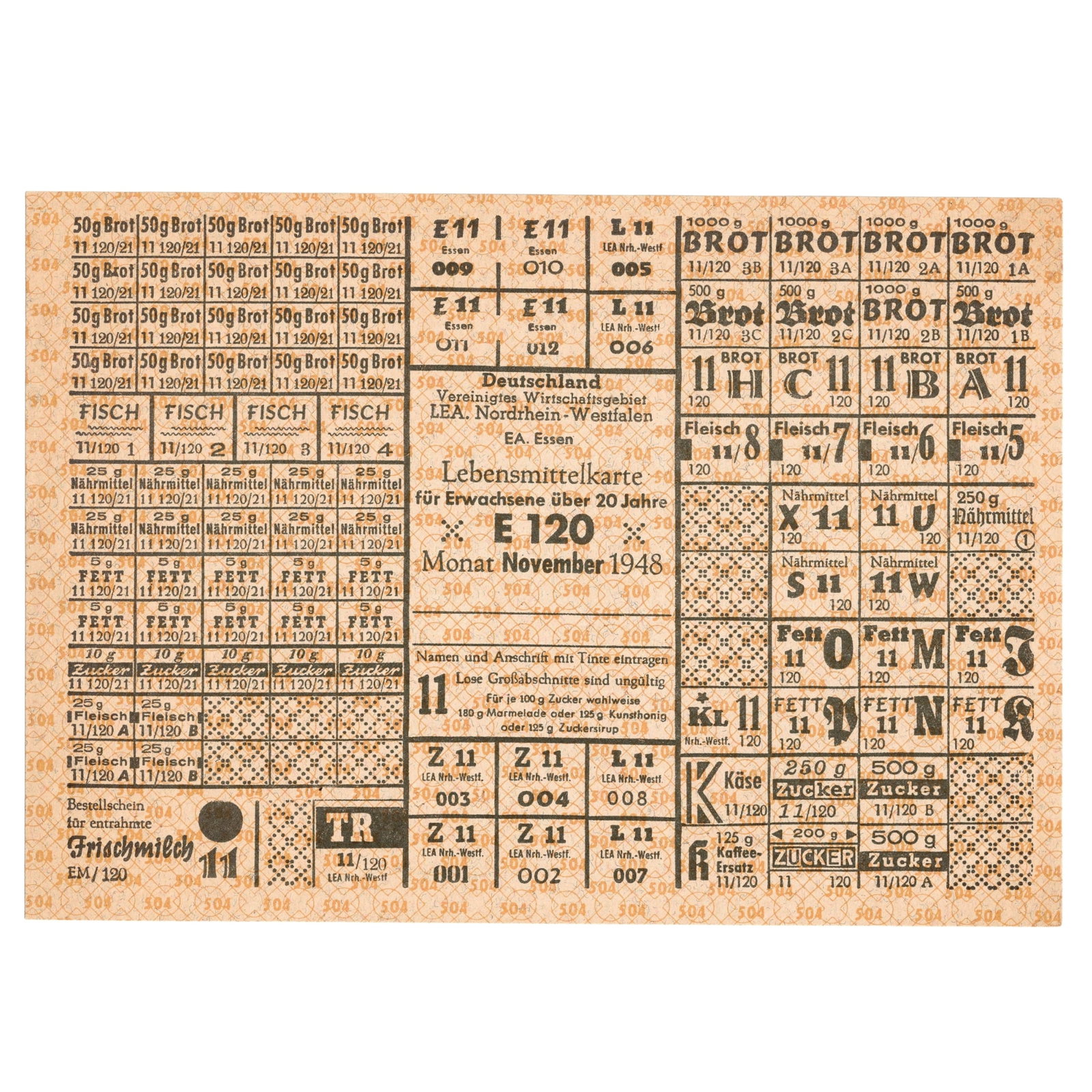 North Rhine Westphalia Germany 1948 Monthly Food Ration Card for Adults over 20 Years, Uncirc: .