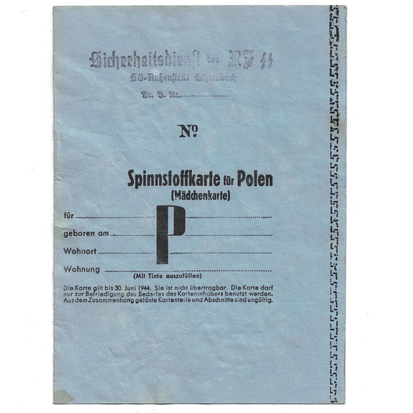 Poland WWII Workers Ration Card for Clothing, about Uncirculated: . Medium Poland