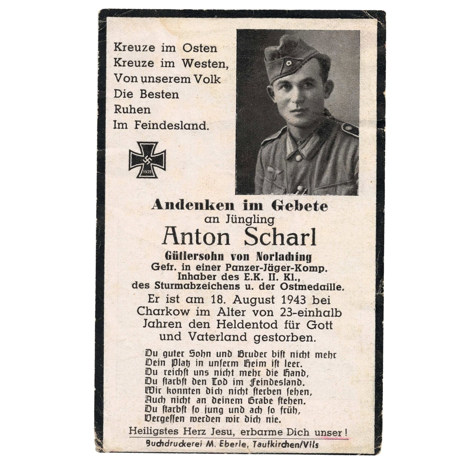 Germany Funeral Service Card for Private First Class Anton Scharl of the Panzer-Jager Company, VF: "He died a hero's death for God (and) Fatherland on August 18, 1943 near Kharkov at the age of 23 and a half" Medium Germany