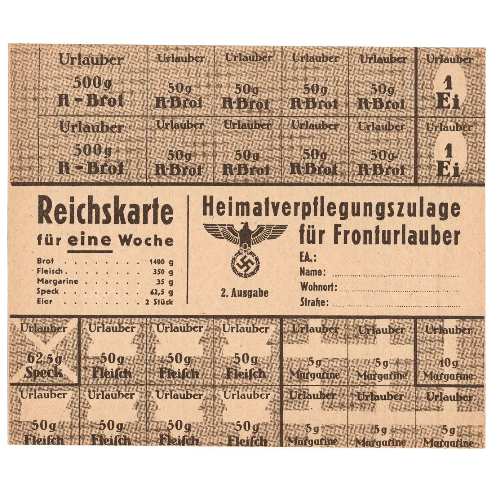 Germany WWII Weekly Food Ration Vouchers for Frontline Soldiers on Leave, Uncirculated: . Medium Germany