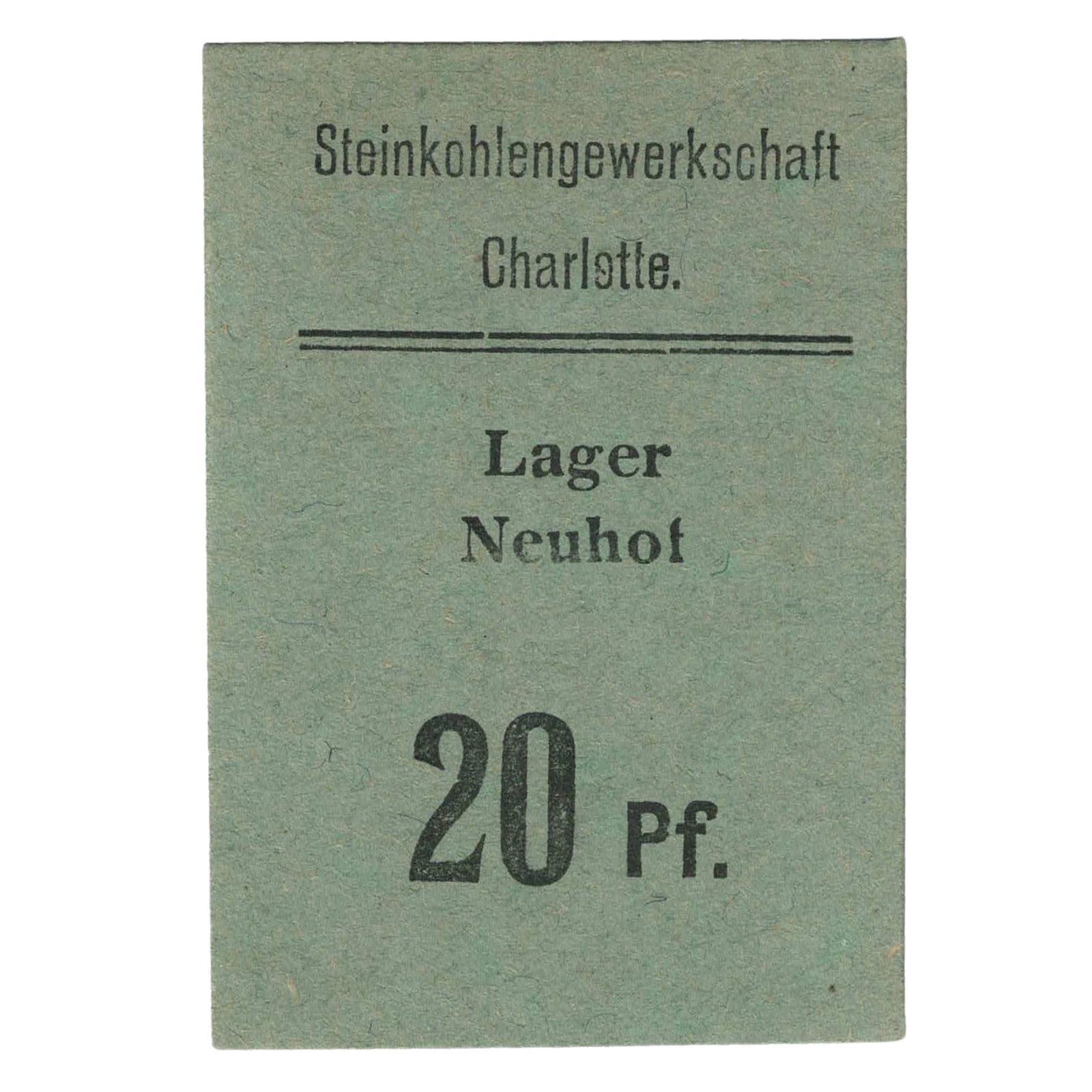 Germany WWI Prisoner of War 20 Pfennig for the Charlotte Coal Mine, Uncirculated: During World War I (1914–1918), a German Empire prisoner-of-war camp known as Lager Neuhof operated in conjunction with the Steinkohlengewerkschaft Charlotte (Charlotte Coal Mine). Incarcerated