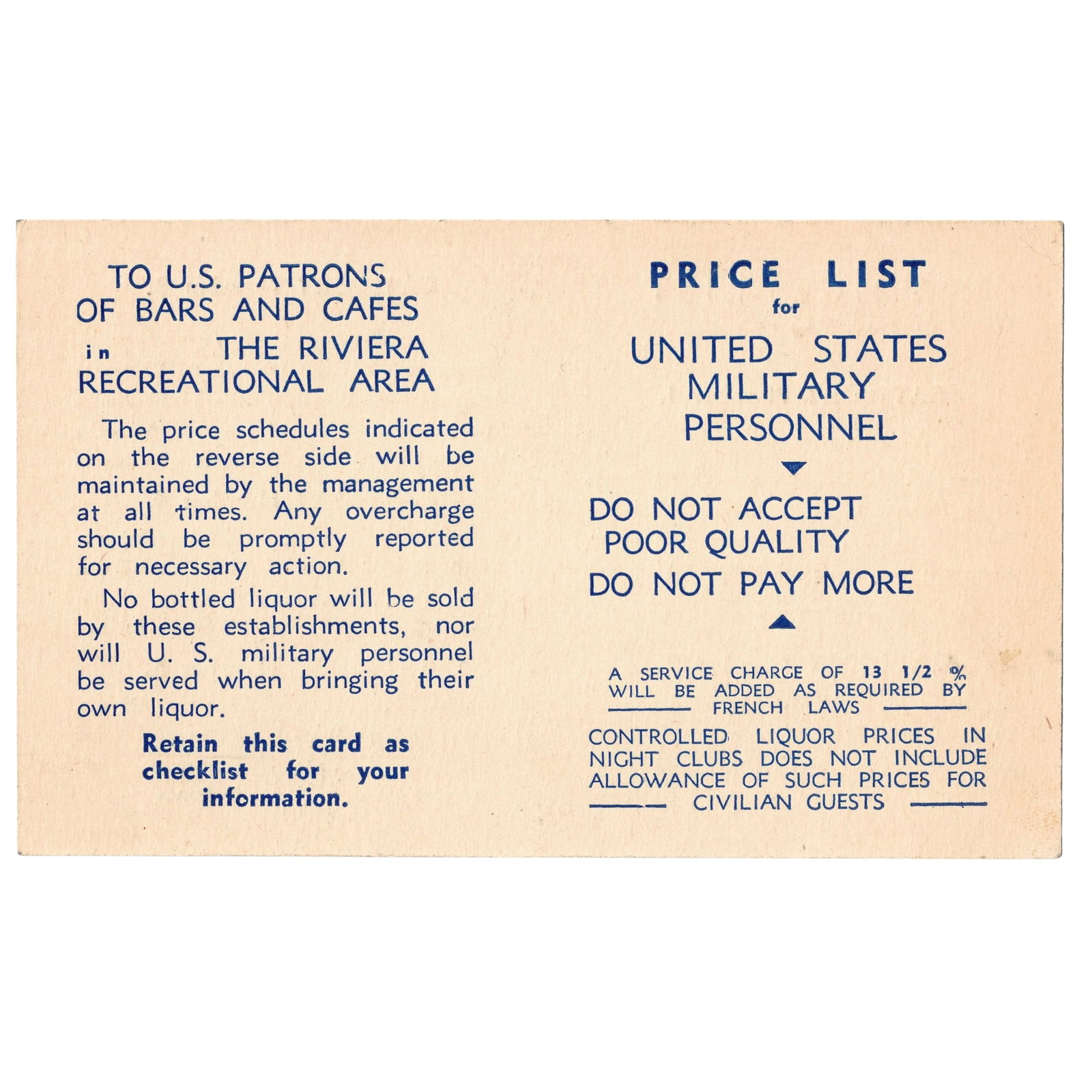 France Post WWII Fixed Liquor Price List for U.S. Patrons of Bars & Cafes in the Rivera Area, Unc: . Medium France