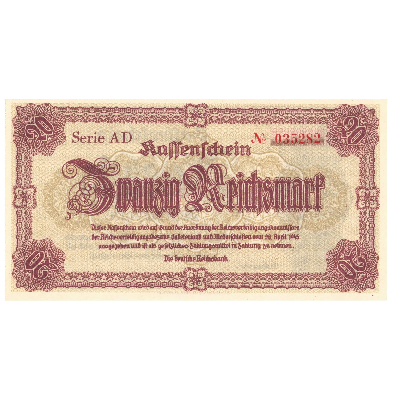 Sudetenland & Lower Silesia Germany 1945 'Emergency' 20 Reichsmark, Uncirculated: Pick# 187 Medium Germany