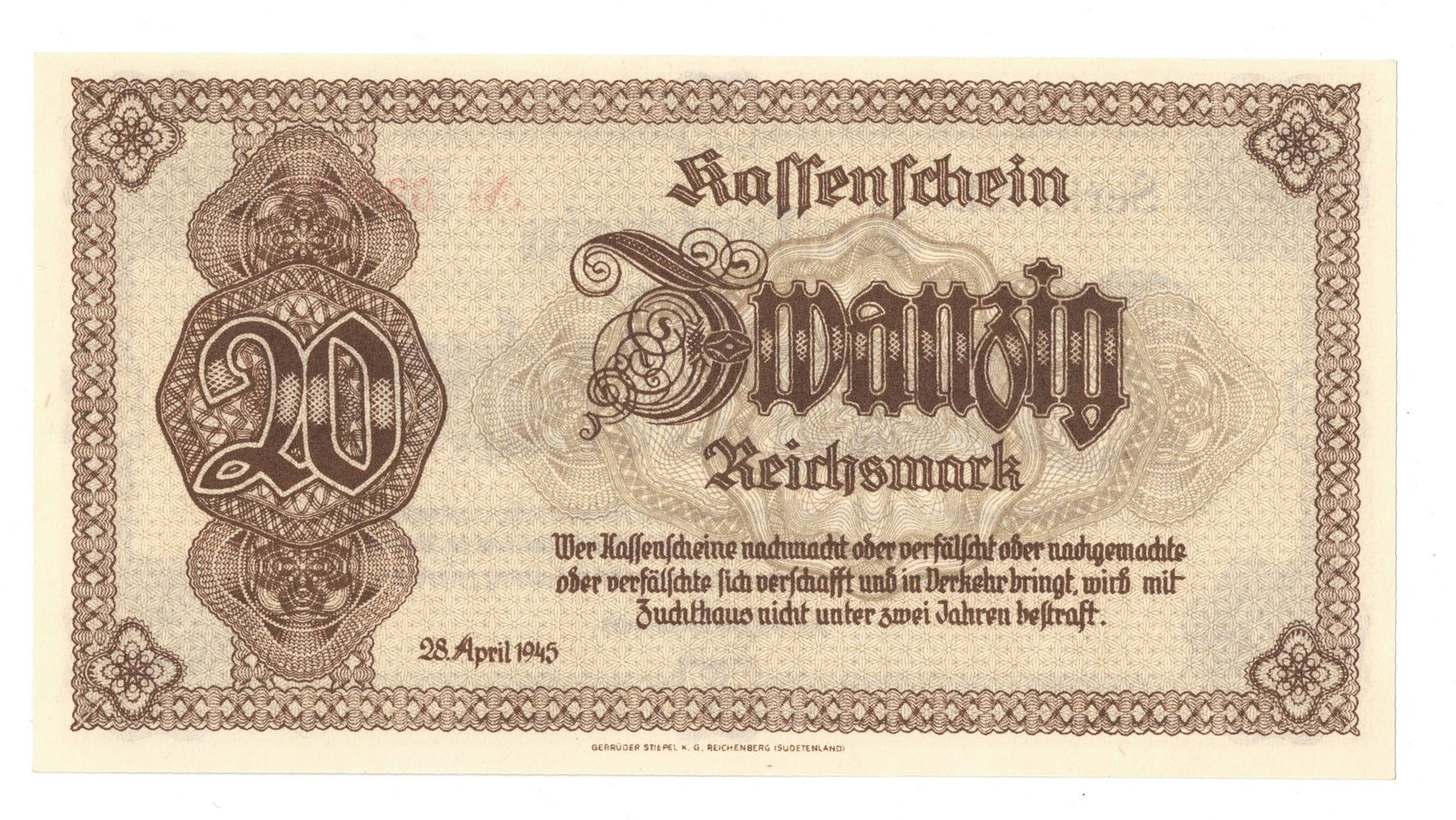 Sudetenland & Lower Silesia Germany 1945 'Emergency' 20 Reichsmark, Uncirculated - 2