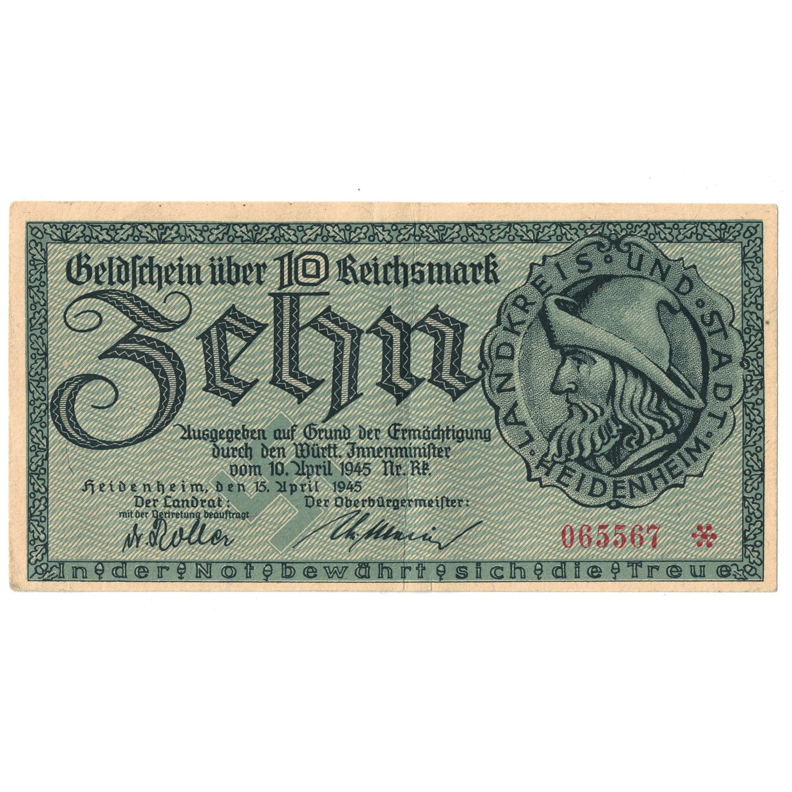 German Reich, Württemberg 10 Marks, April 10, 1945, good Extremely: . Medium Germany