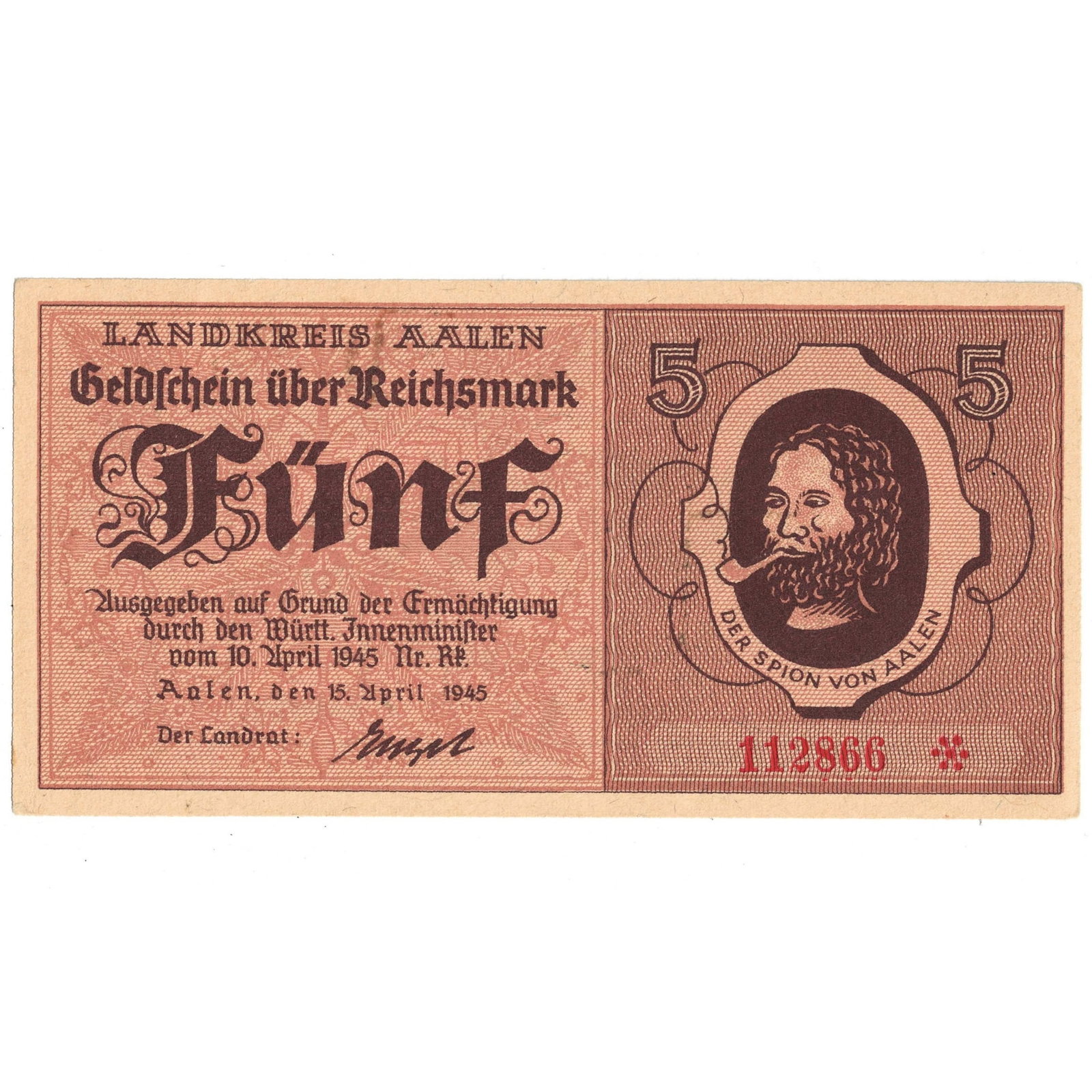 German Reich, Württemberg Aalen District 5 Marks, April 10, 1945, Uncirculated: . Medium Germany