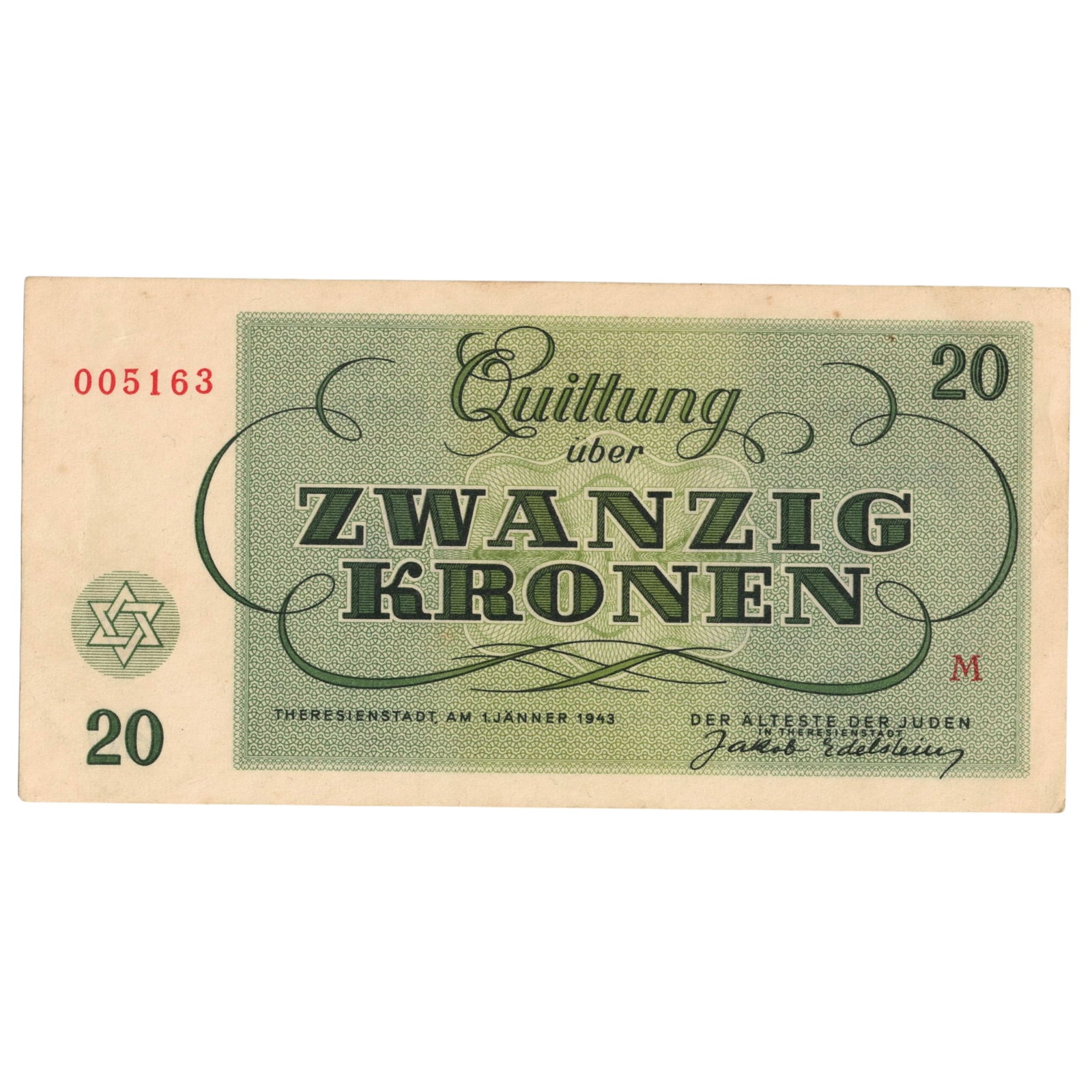 Theresienstadt Ghetto, Bohemia & Moravia (German Occupation) 1943 Zwanzig (20) Krone, Uncirculated: Campbell# 4115 : Serial# 005163 Medium Germany