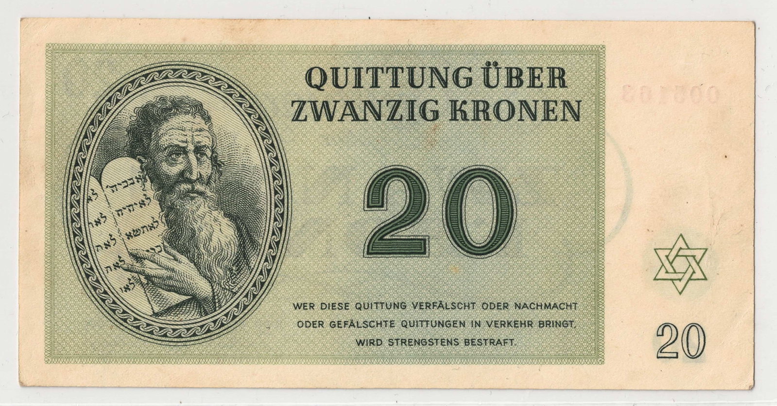 Theresienstadt Ghetto, Bohemia & Moravia (German Occupation) 1943 Zwanzig (20) Krone, Uncirculated - 2