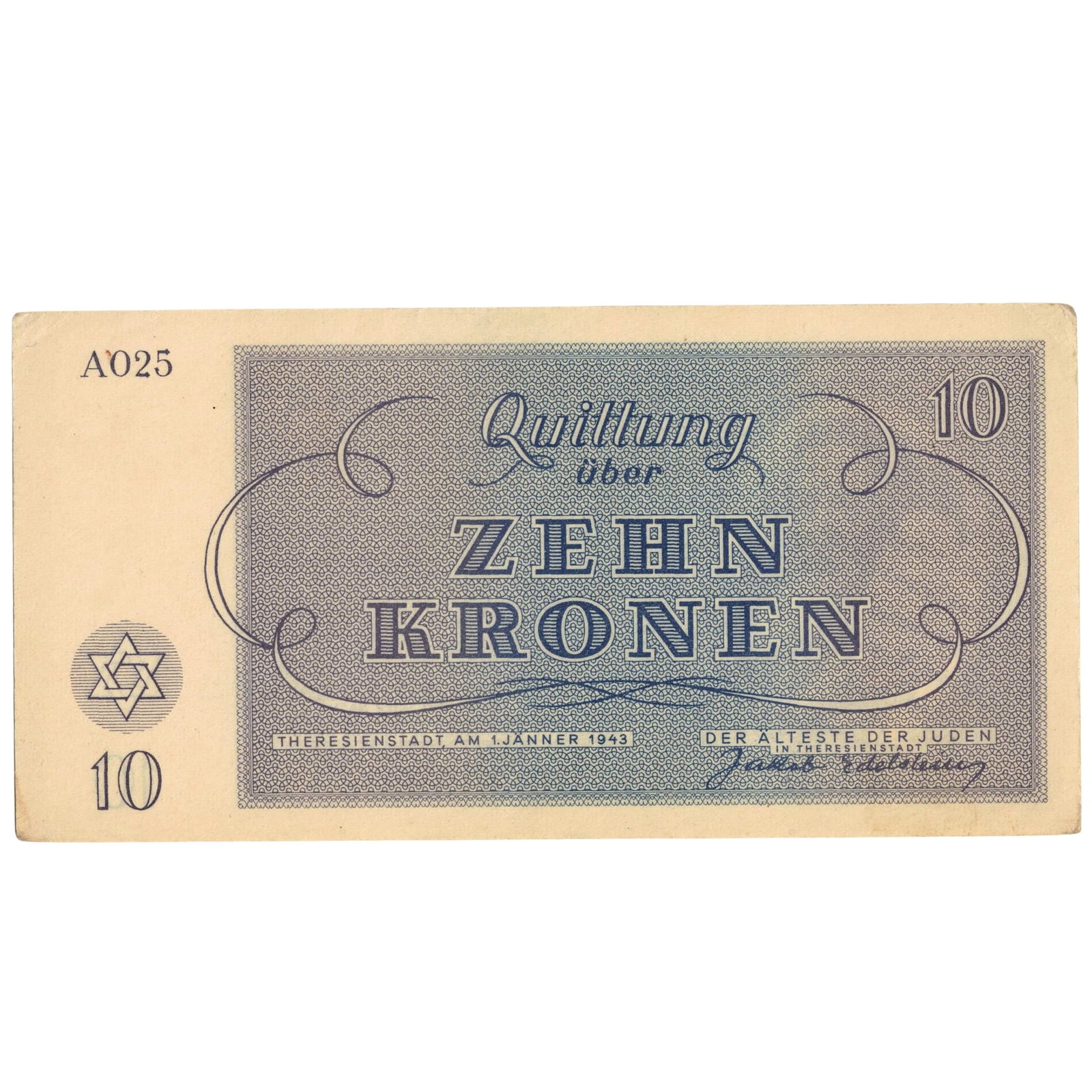 Theresienstadt Ghetto, Bohemia & Moravia (German Occupation) 1943 Zehn (10) Krone, Uncirc details: Campbell# 4114 : Serial# A025 Condition Rounded corners Medium Germany