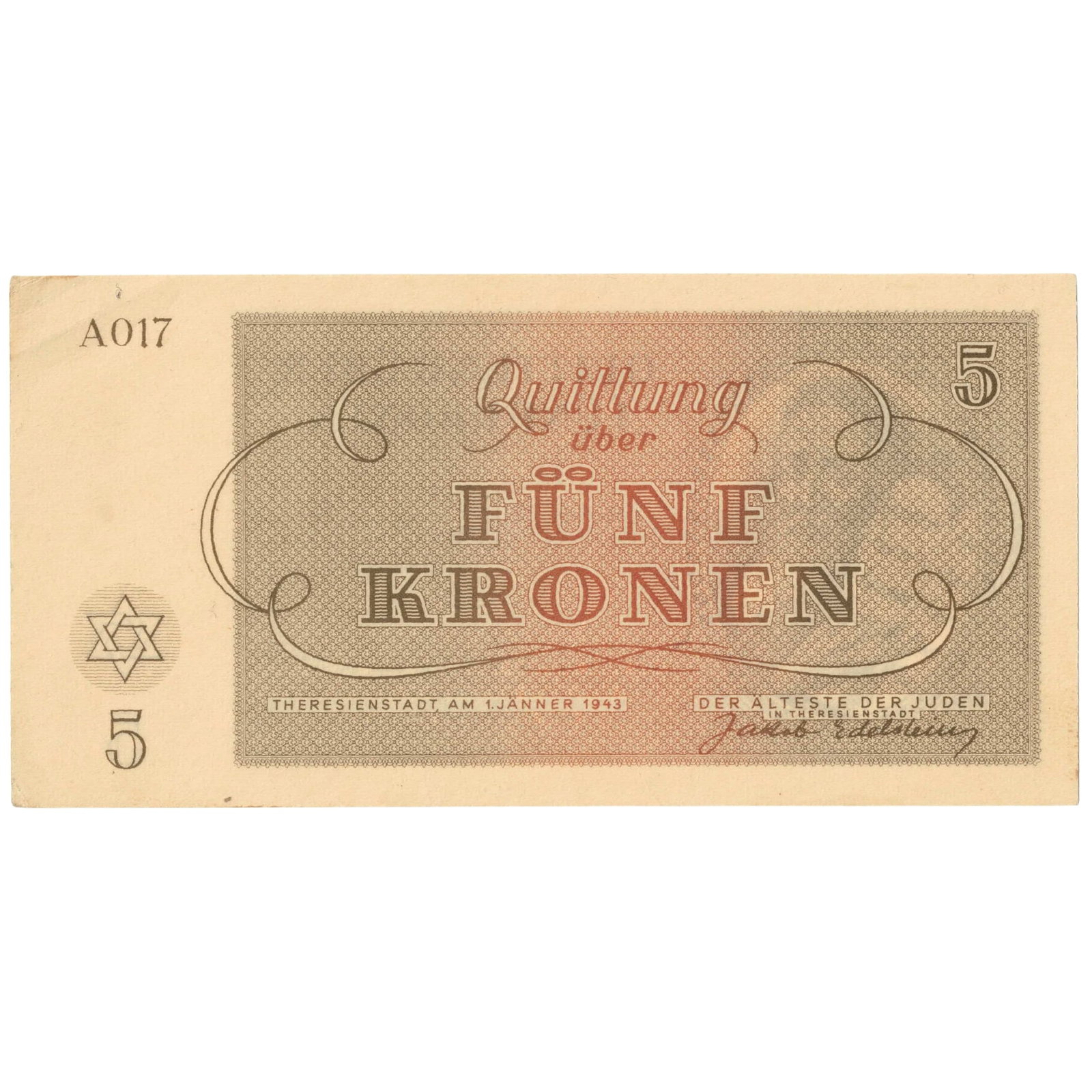 Theresienstadt Ghetto, Bohemia & Moravia (German Occupation) 1943 Funf (5) Krone, Uncirculated: Campbell# 4113 : Serial# A017 Medium Germany